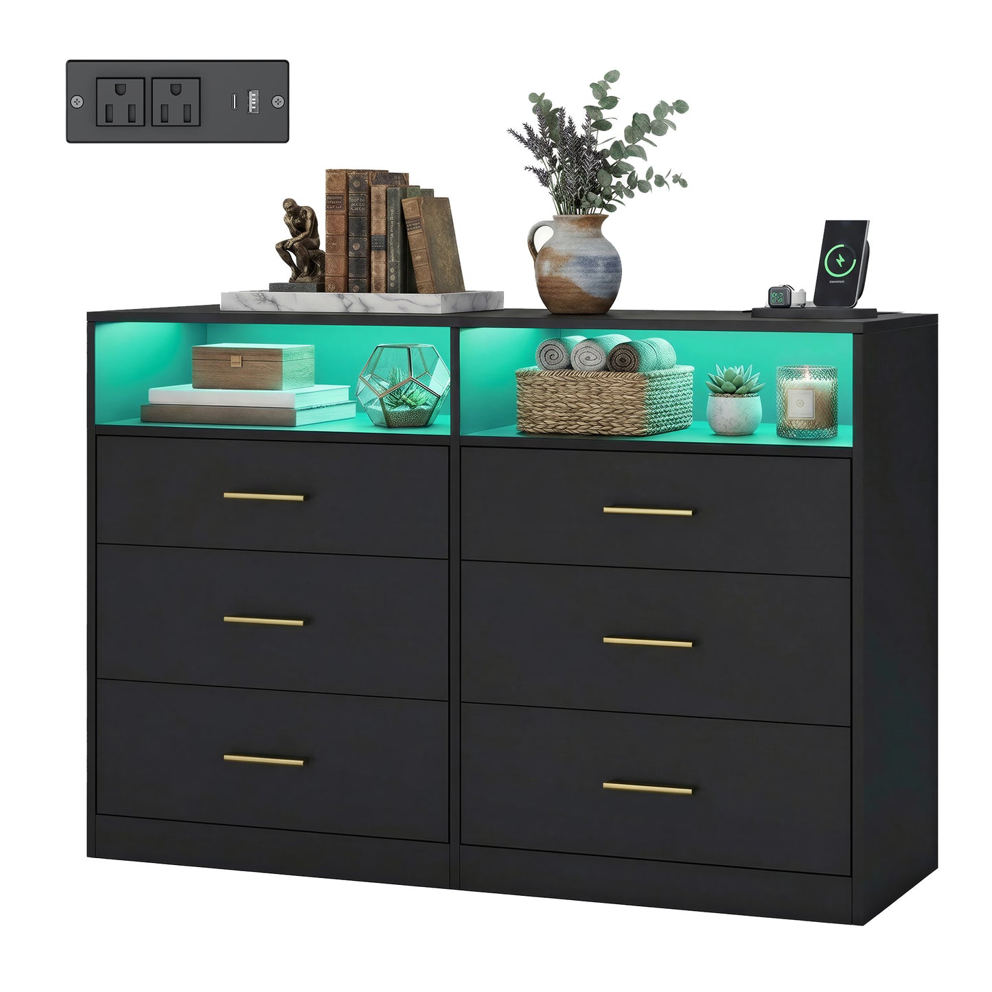 6-Drawer Dresser with LED Lights and Power Strip, Modern Chest of Drawers for Bedroom TV Stand, Black