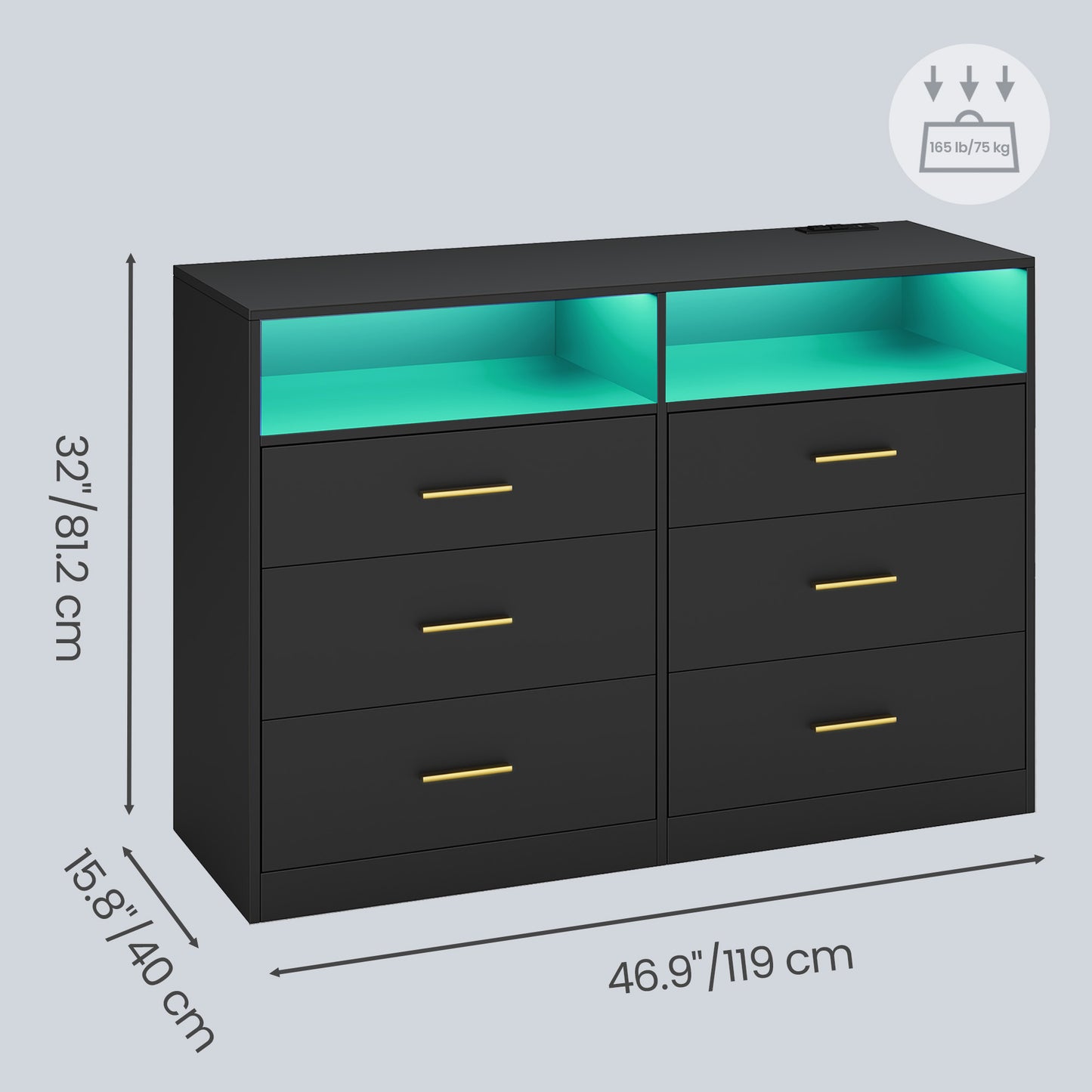 6-Drawer Dresser with LED Lights and Power Strip, Modern Chest of Drawers for Bedroom TV Stand, Black