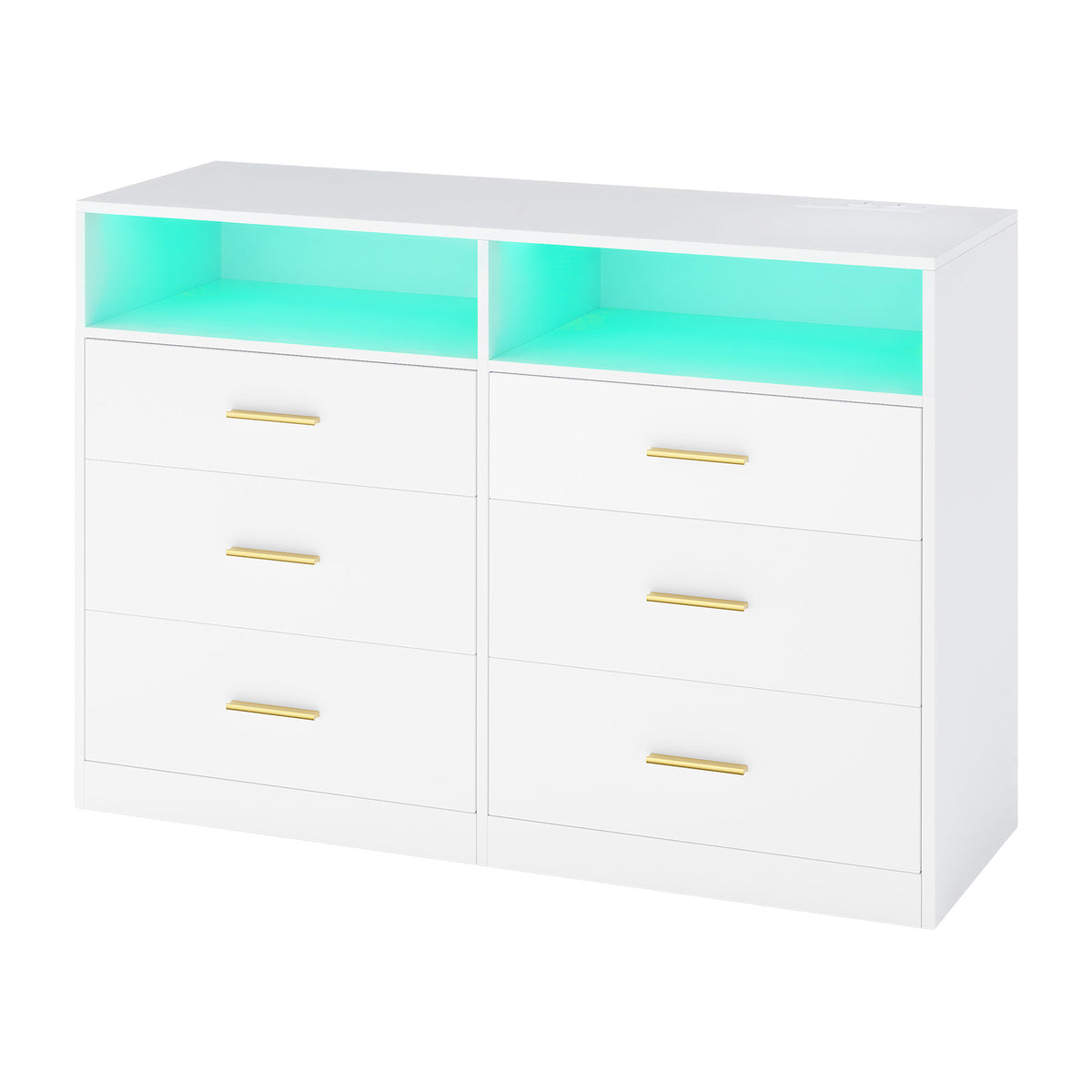 6-Drawer Dresser with LED Lights and Power Strip, Modern Chest of Drawers for Bedroom TV Stand, Cloud White