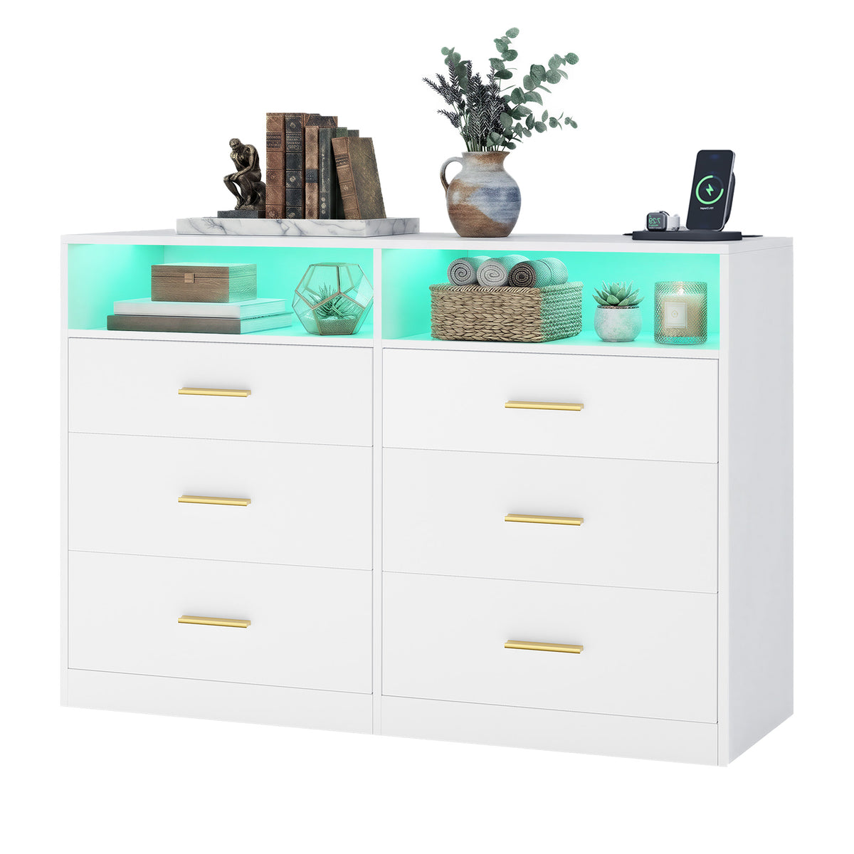 6-Drawer Dresser with LED Lights and Power Strip, Modern Chest of Drawers for Bedroom TV Stand, Cloud White