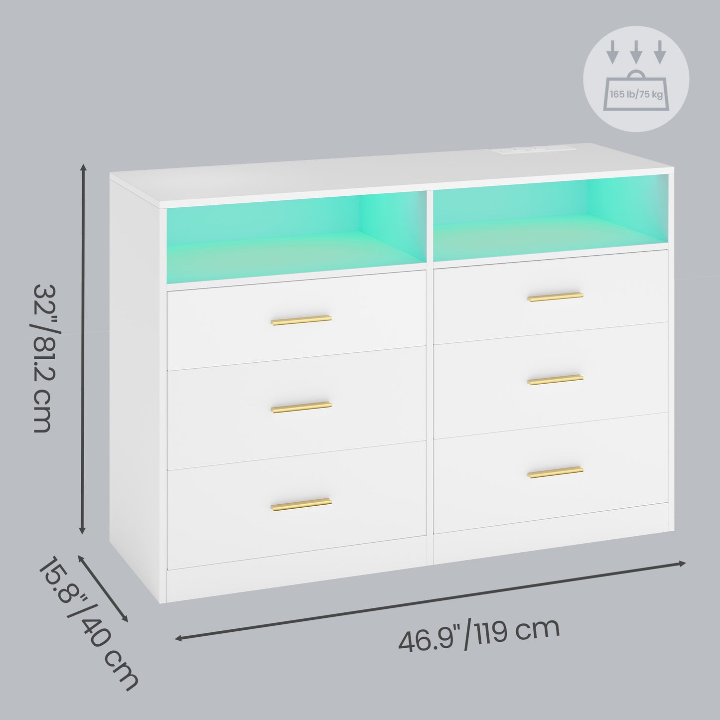 6-Drawer Dresser with LED Lights and Power Strip, Modern Chest of Drawers for Bedroom TV Stand, Cloud White