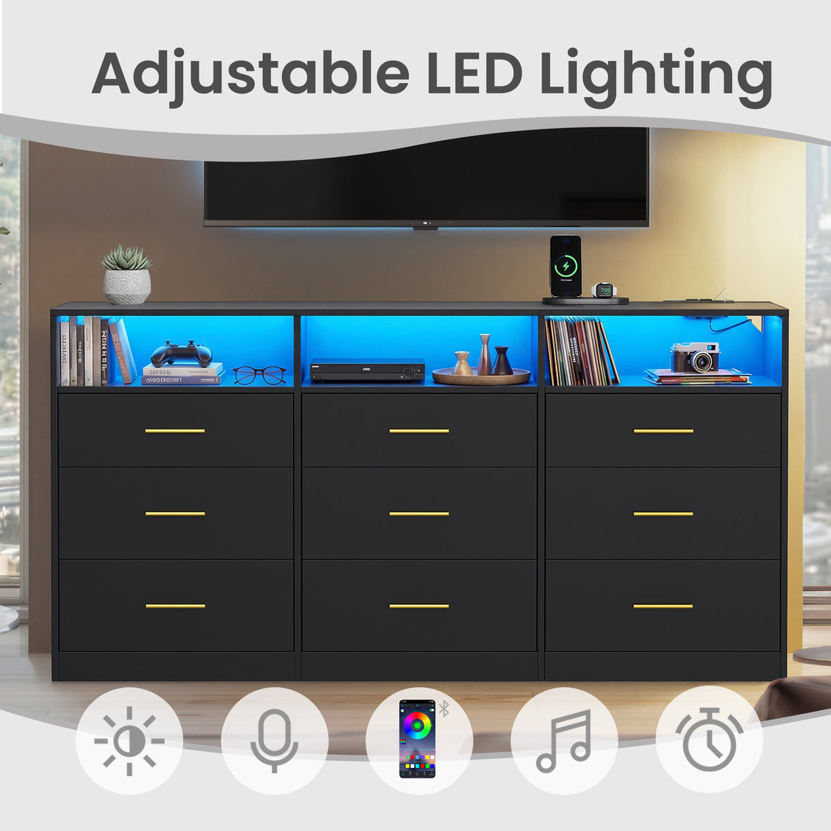 9-Drawer Dresser for Bedroom with LED Lights & Power Strip, Modern Chest of Drawers, TV Stand for Living Room, 63" Wide, Ink Black