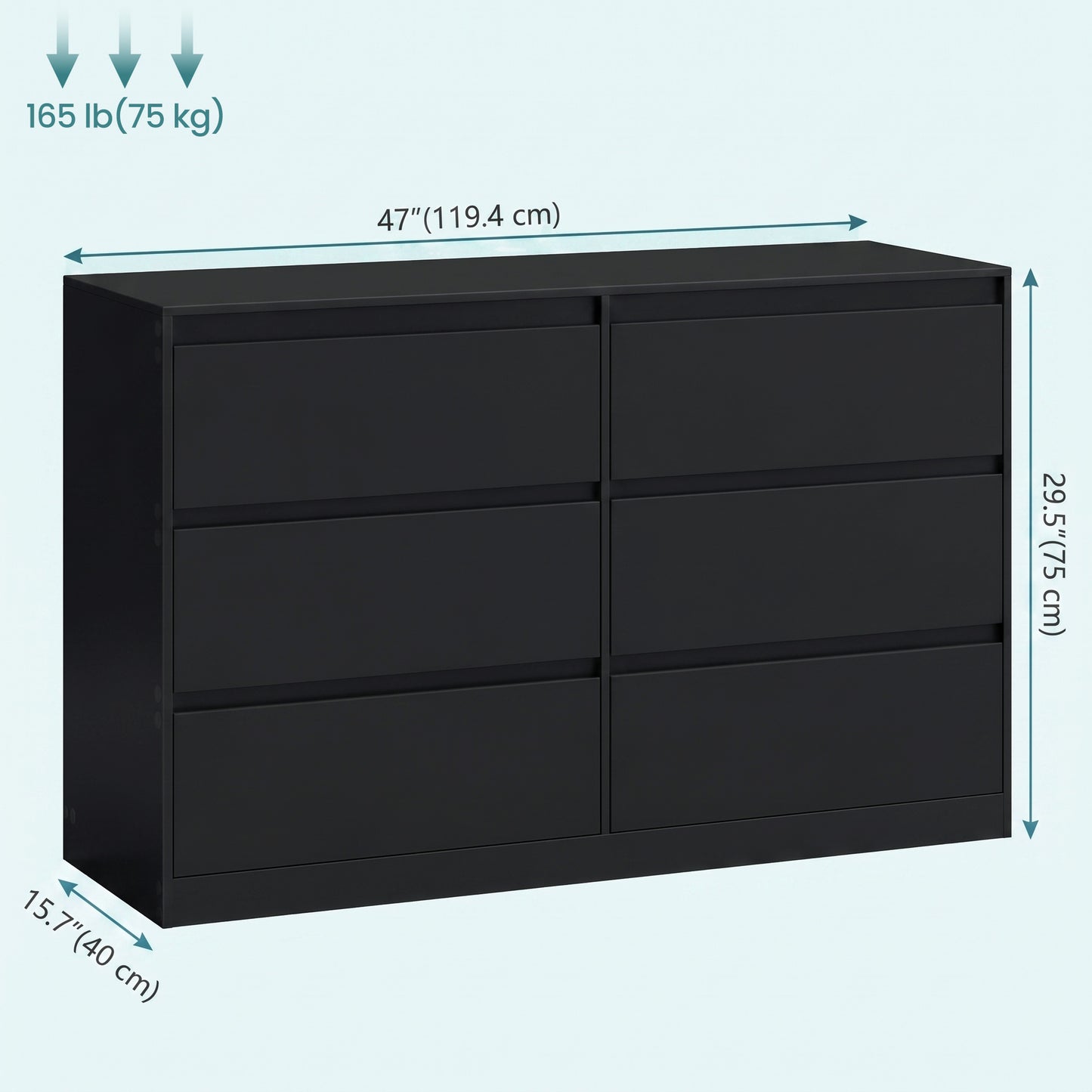 6-Drawer Dresser, Handleless Narrow Clothes Storage Cabinet, 47 x 15.7 x 29.5 Inches, Black