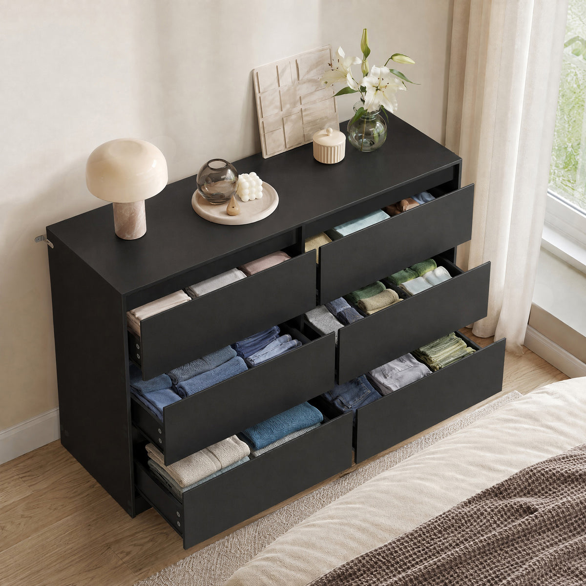 6-Drawer Dresser, Handleless Narrow Clothes Storage Cabinet, 47 x 15.7 x 29.5 Inches, Black