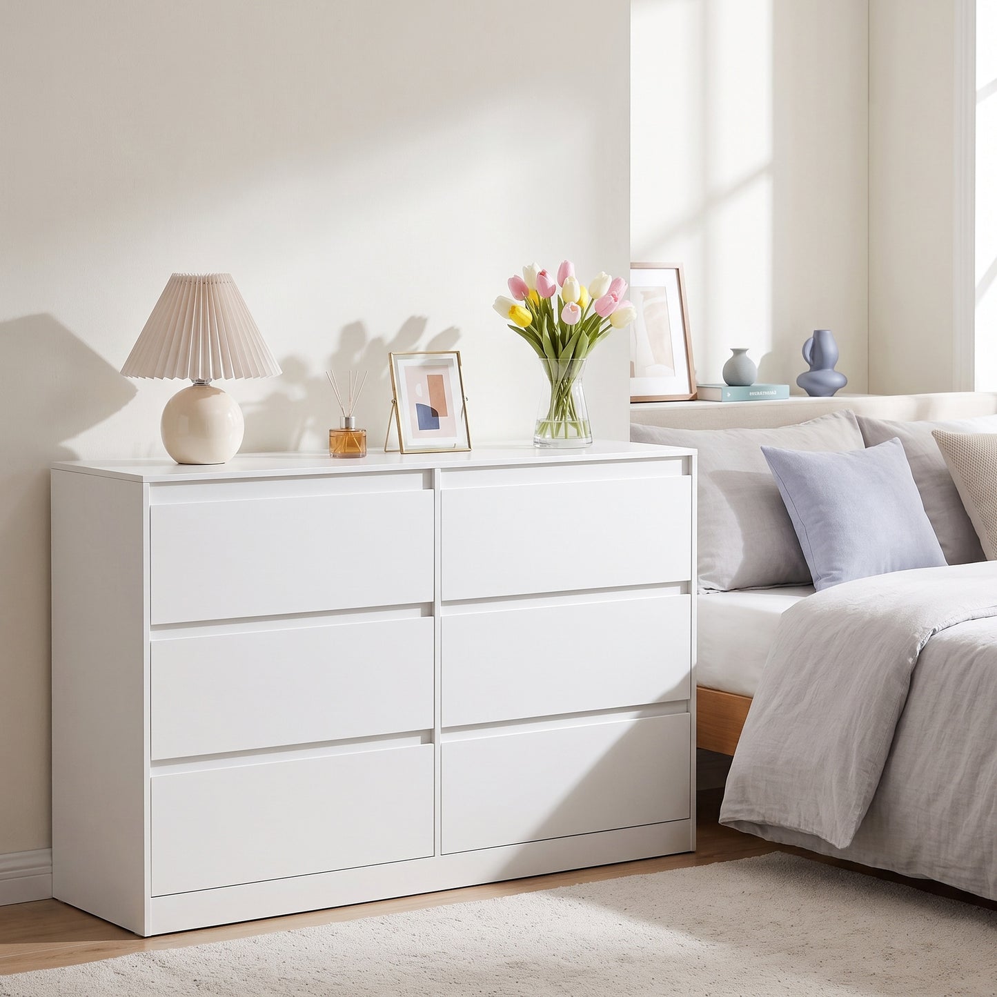 6-Drawer Dresser, Handleless Narrow Clothes Storage Cabinet, 47 x 15.7 x 29.5 Inches, White