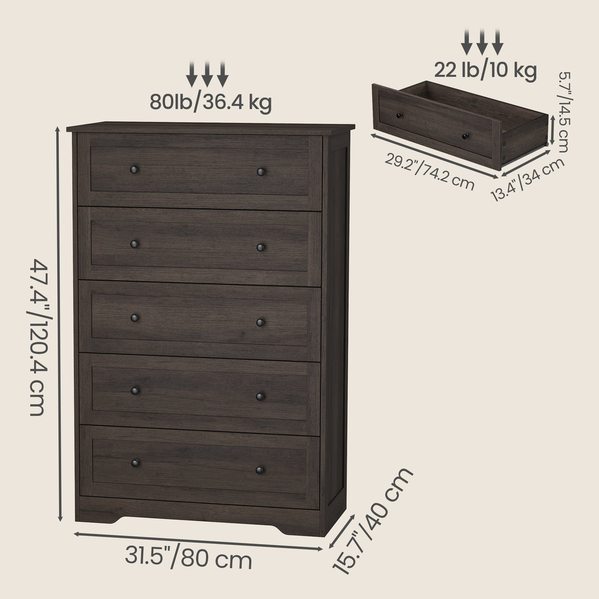 5-Drawer Dresser, Farmhouse Chest of Drawers for Bedroom, 31.5 x 15.7 x 47.4 inches, Taupe Brown
