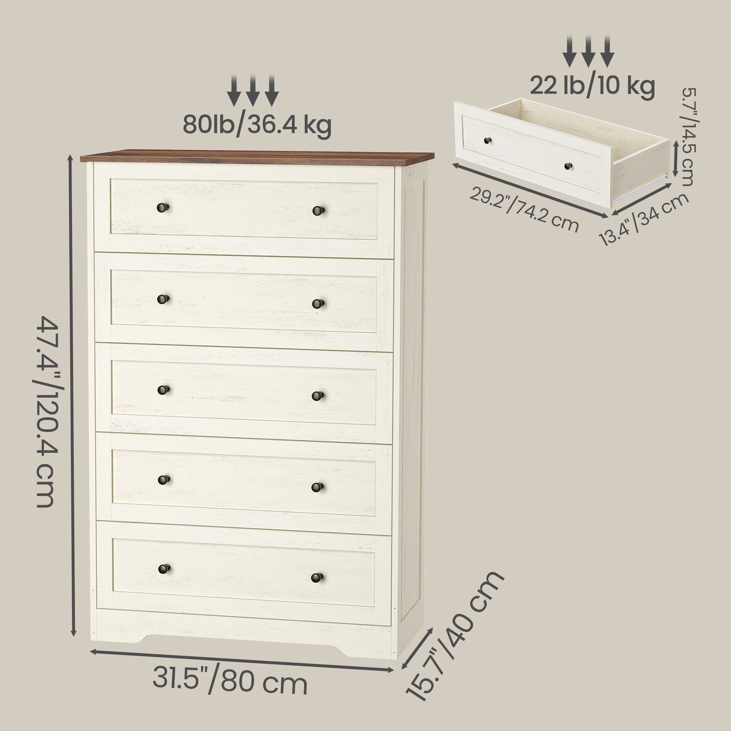 5-Drawer Dresser, Farmhouse Chest of Drawers for Bedroom, 31.5 x 15.7 x 47.4 inches, White