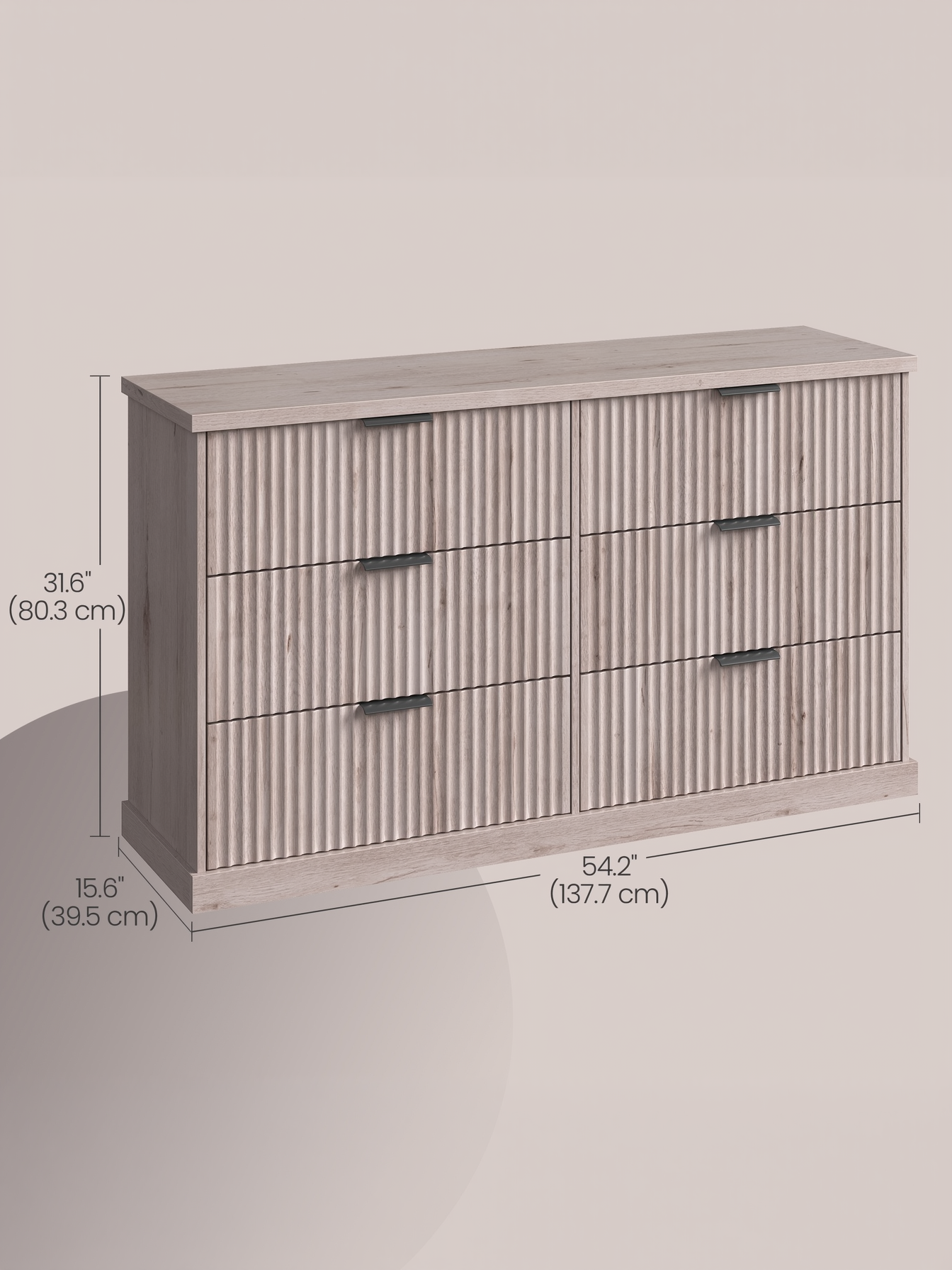 6-Drawer Double Dresser, 54.2-Inch Wide Fluted Panel Chest of Drawers for Bedroom and TV Stand, Mid Century Modern, Washed Gray