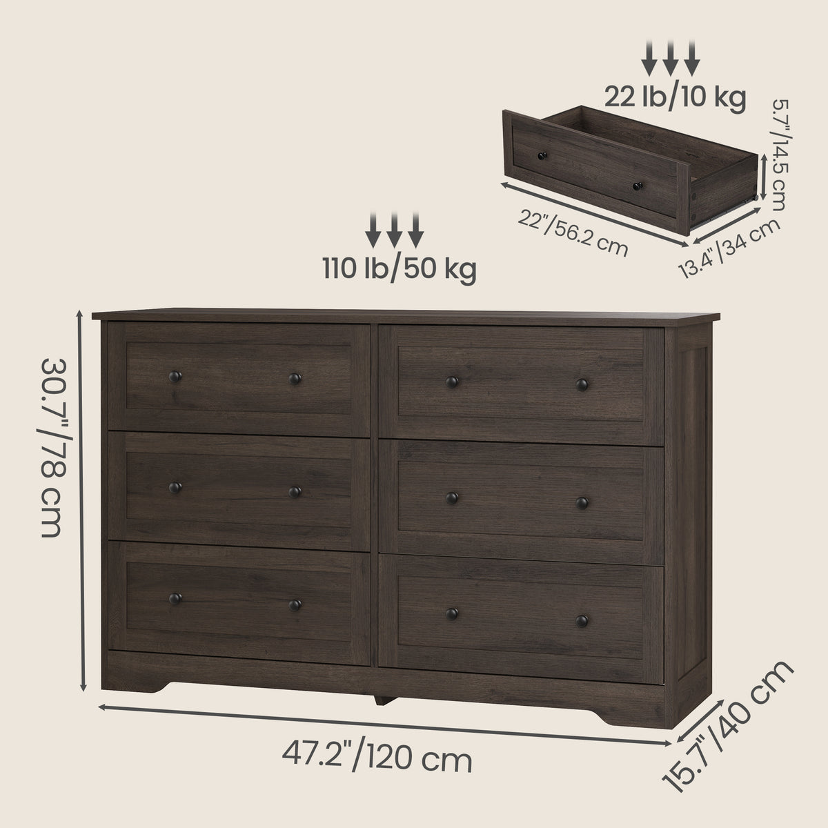 6-Drawer Dresser, Traditional basic Chest of Drawers for Bedroom, 47.2 x 15.7 x 30.7 inches, Brown