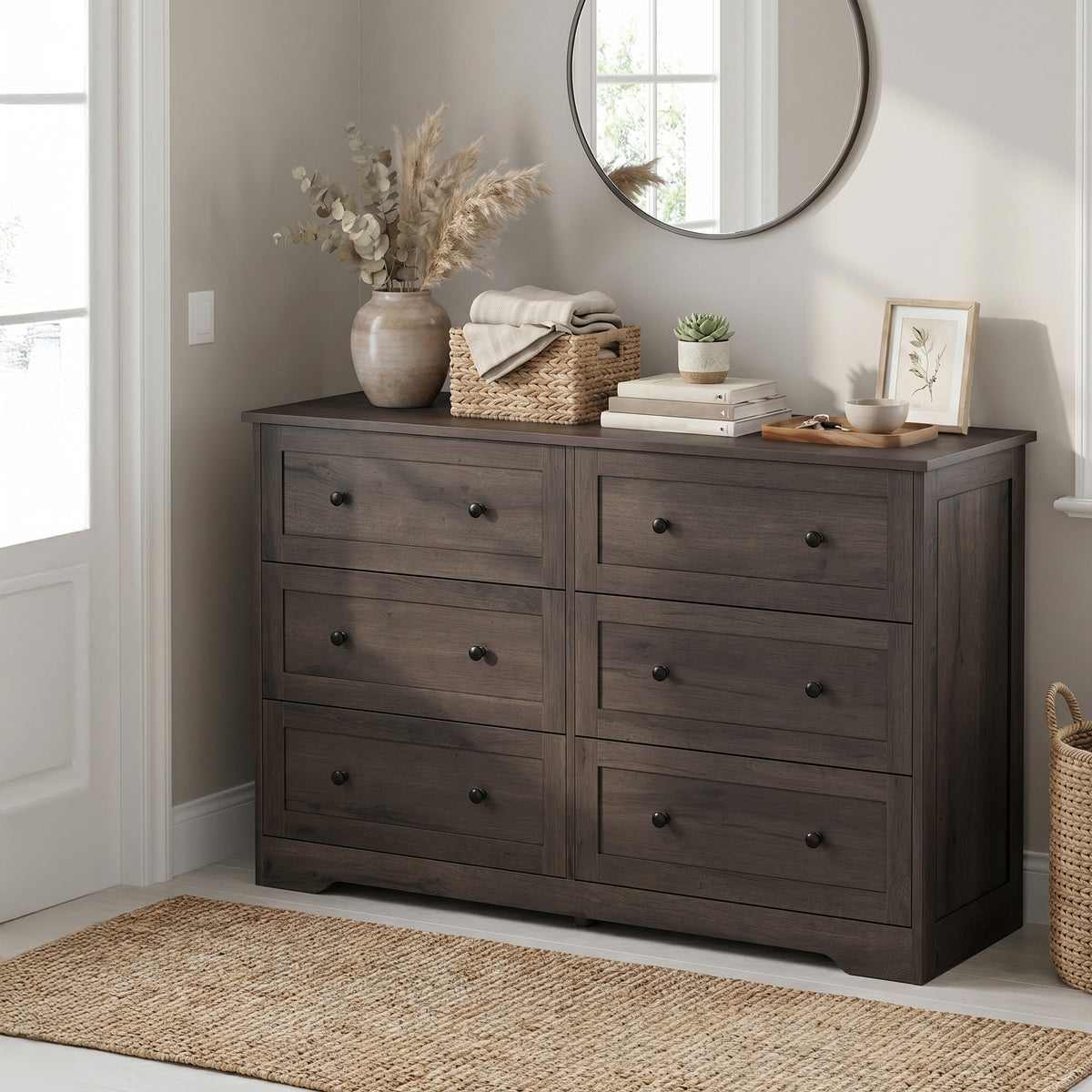 6-Drawer Dresser, Traditional basic Chest of Drawers for Bedroom, 47.2 x 15.7 x 30.7 inches, Brown