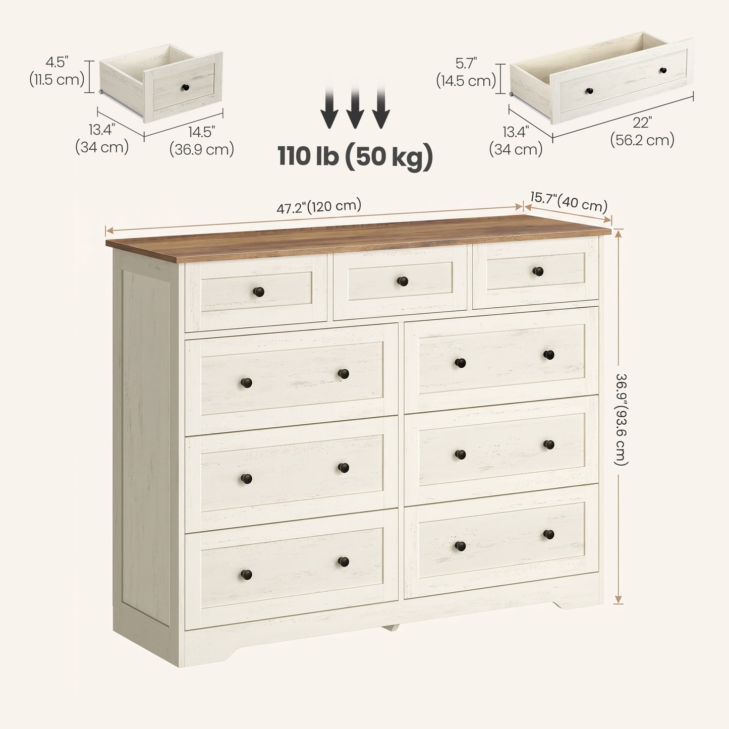 9-Drawer Dresser, Traditional basic Chest of Drawers for Bedroom, 47.2 x 15.7 x 36.9 inches, White