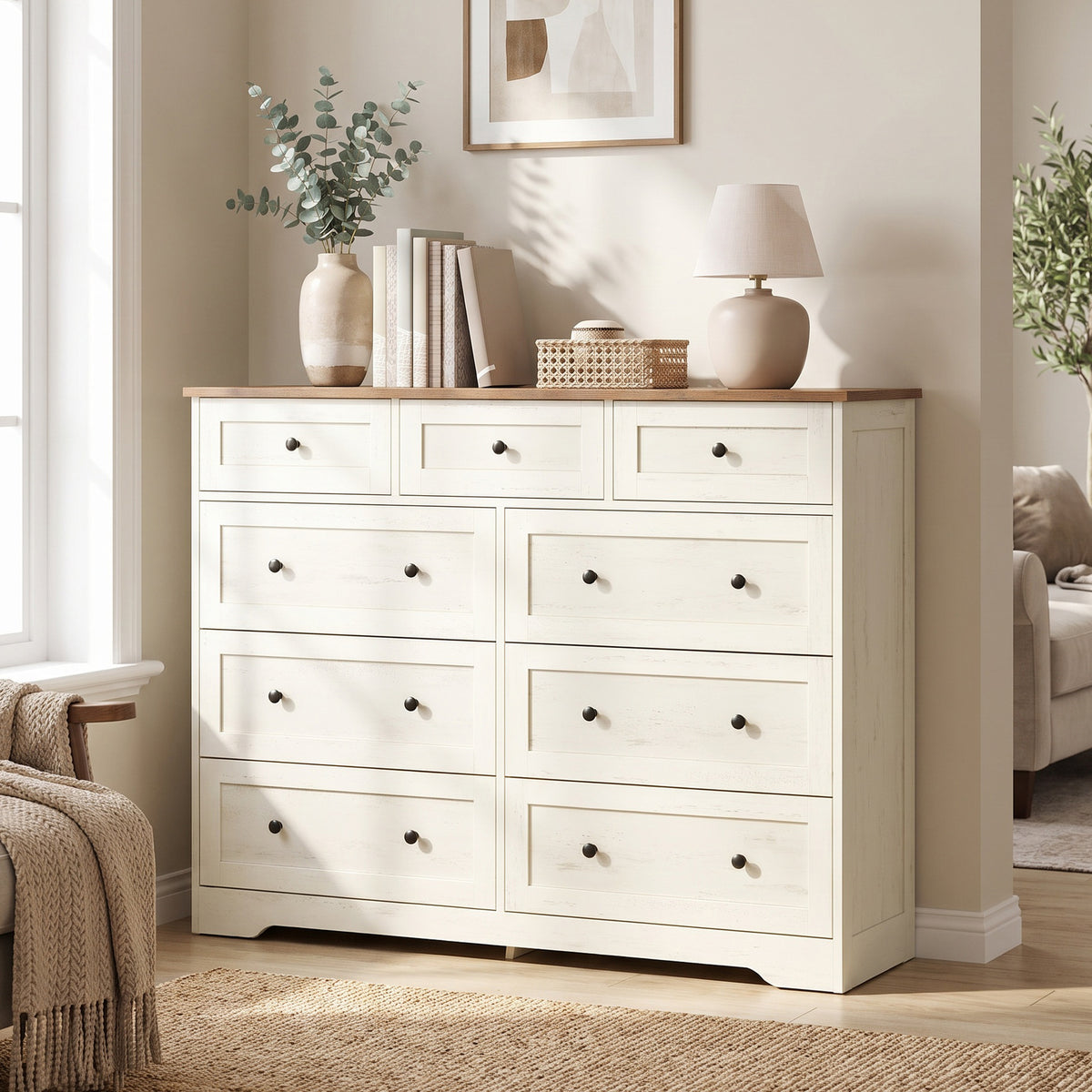 9-Drawer Dresser, Traditional basic Chest of Drawers for Bedroom, 47.2 x 15.7 x 36.9 inches, White