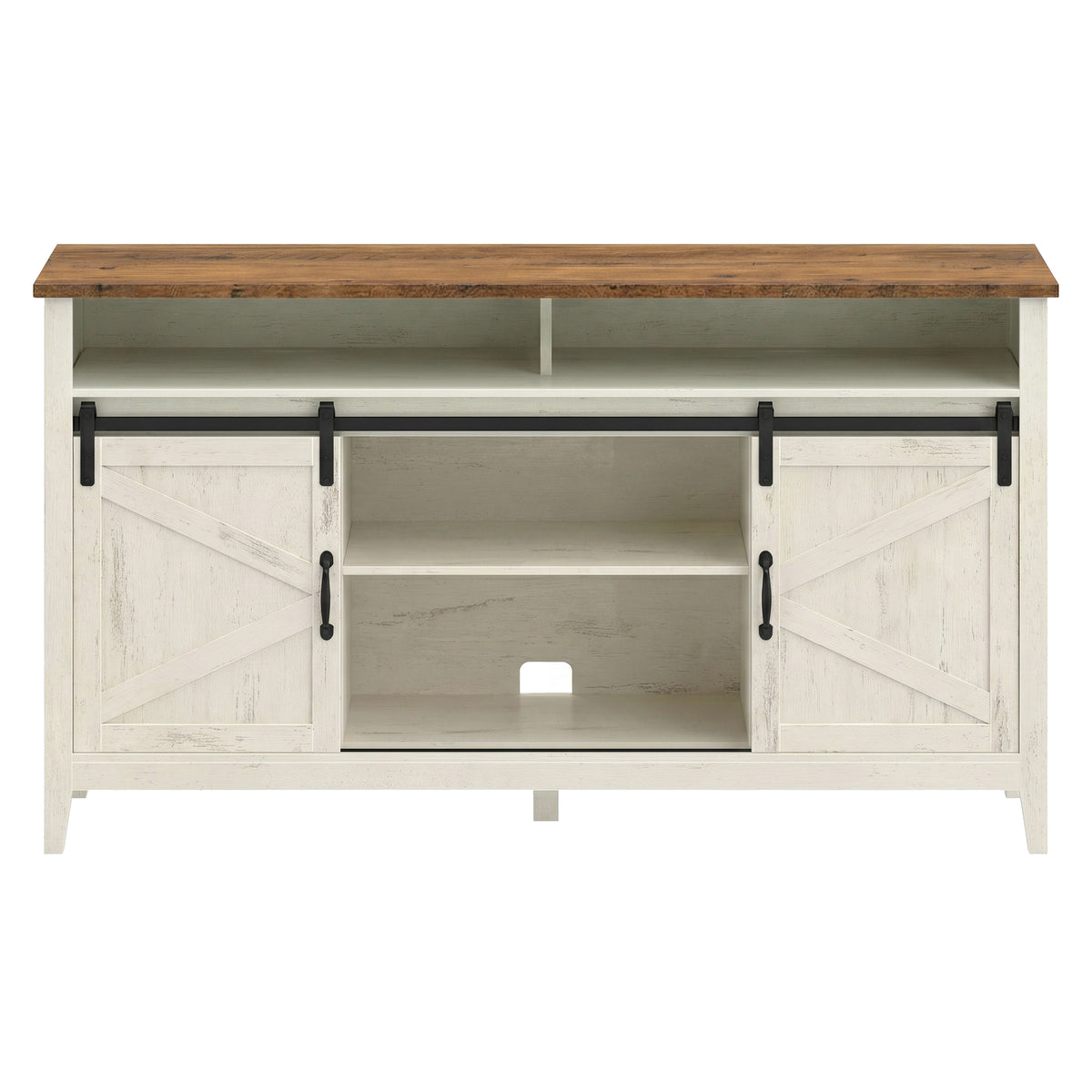 Farmhouse TV Stand with Sliding Barn Doors, Tall Entertainment Center, 58.3 x 15.7 x 31.9 Inches, White and Tan
