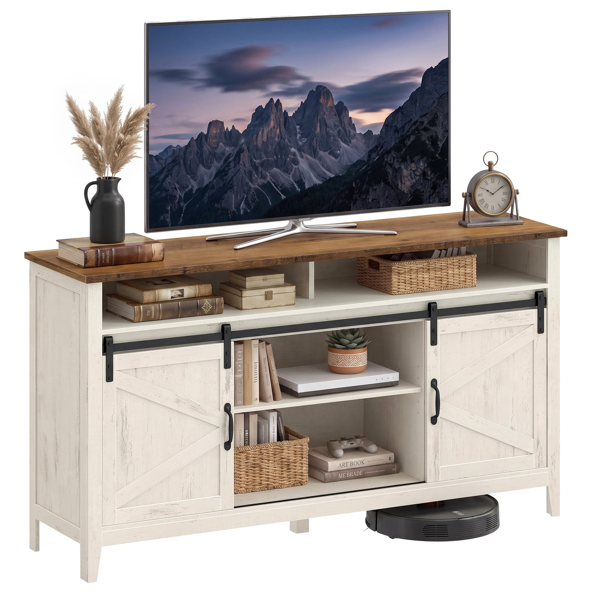 Farmhouse TV Stand with Sliding Barn Doors, Tall Entertainment Center, 58.3 x 15.7 x 31.9 Inches, White and Tan