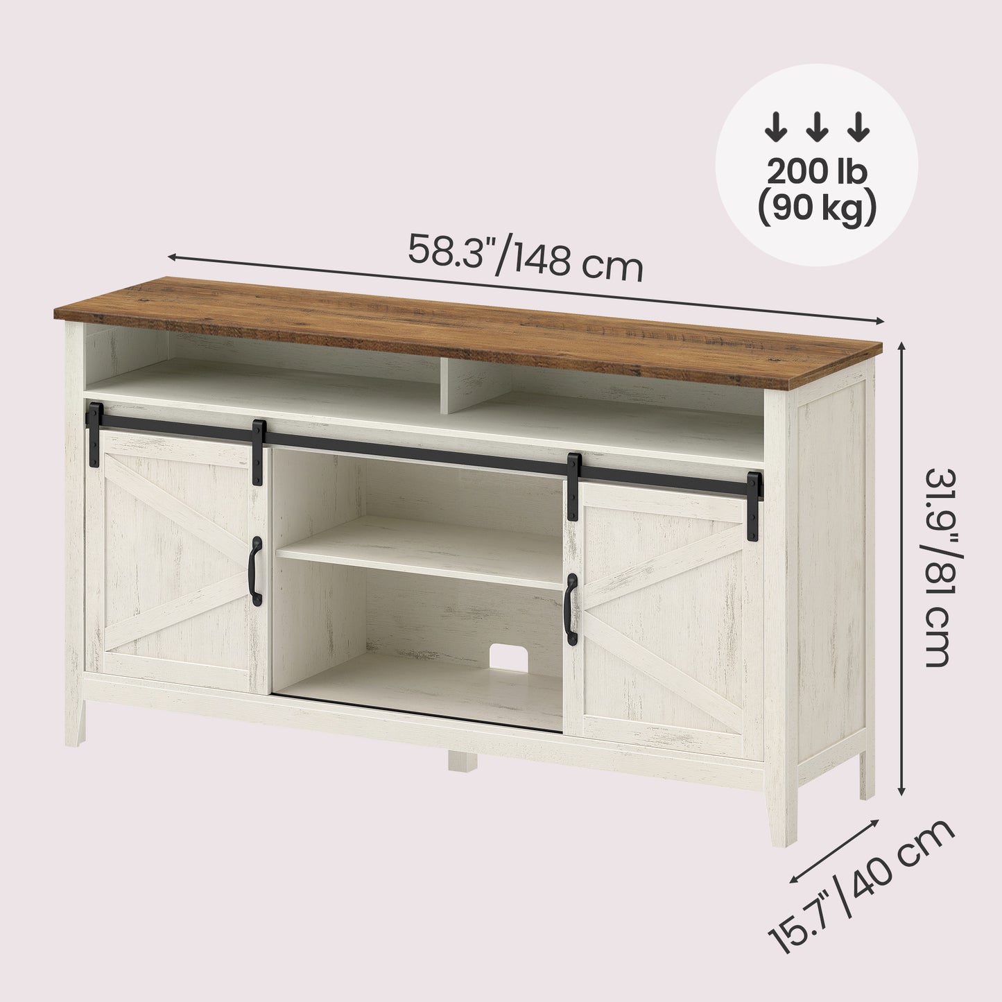 Farmhouse TV Stand with Sliding Barn Doors, Tall Entertainment Center, 58.3 x 15.7 x 31.9 Inches, White and Tan