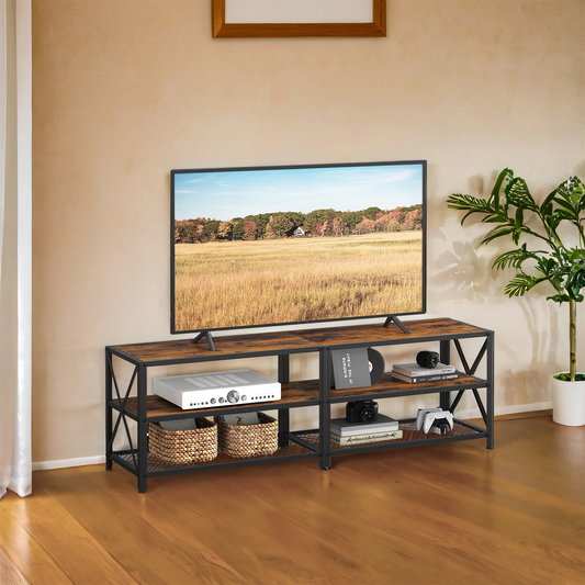 70" TV Stand - Industrial Style Media Console with 3 Shelves, Steel Frame, Easy Assembly, Rustic Brown and Black