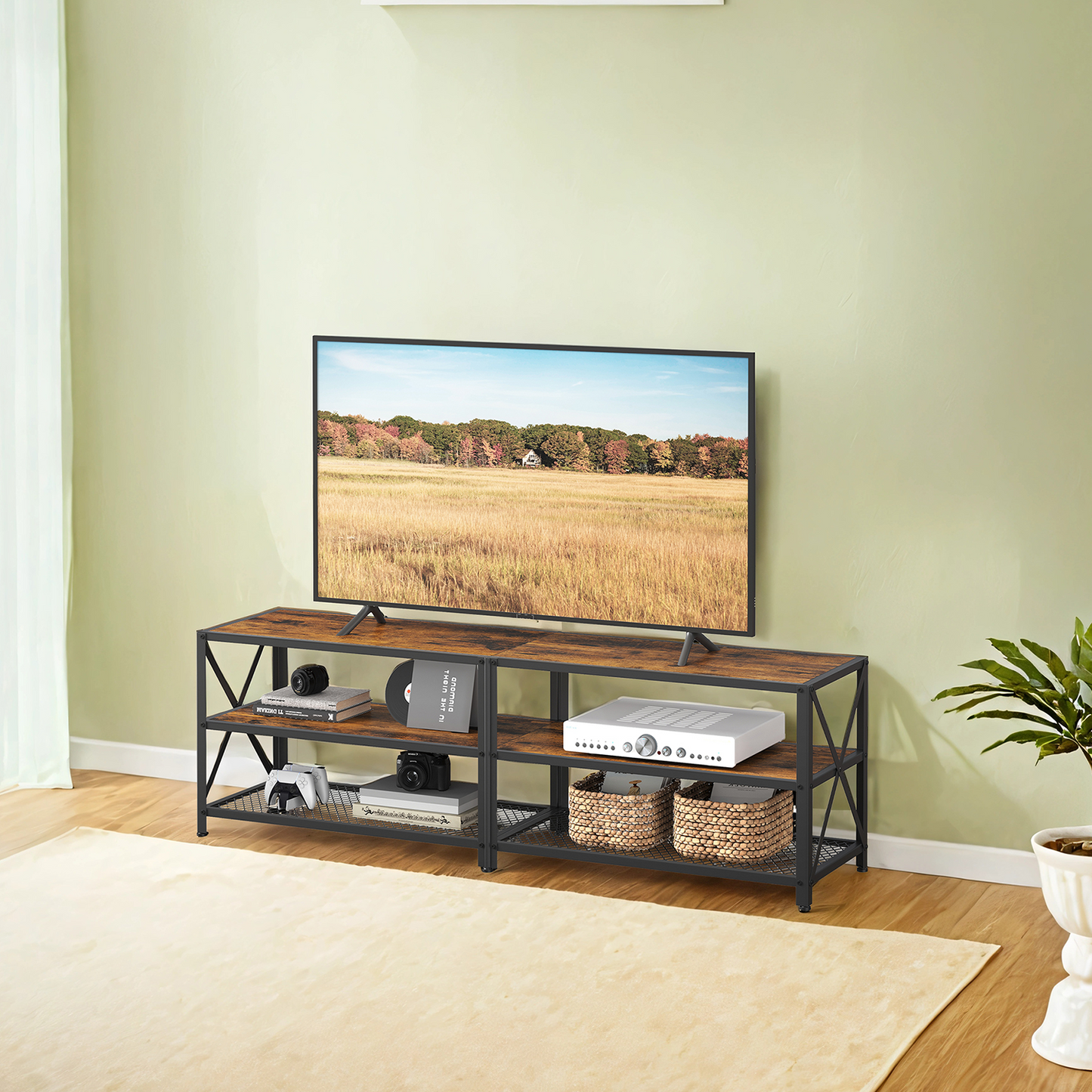 70" TV Stand - Industrial Style Media Console with 3 Shelves, Steel Frame, Easy Assembly, Rustic Brown and Black