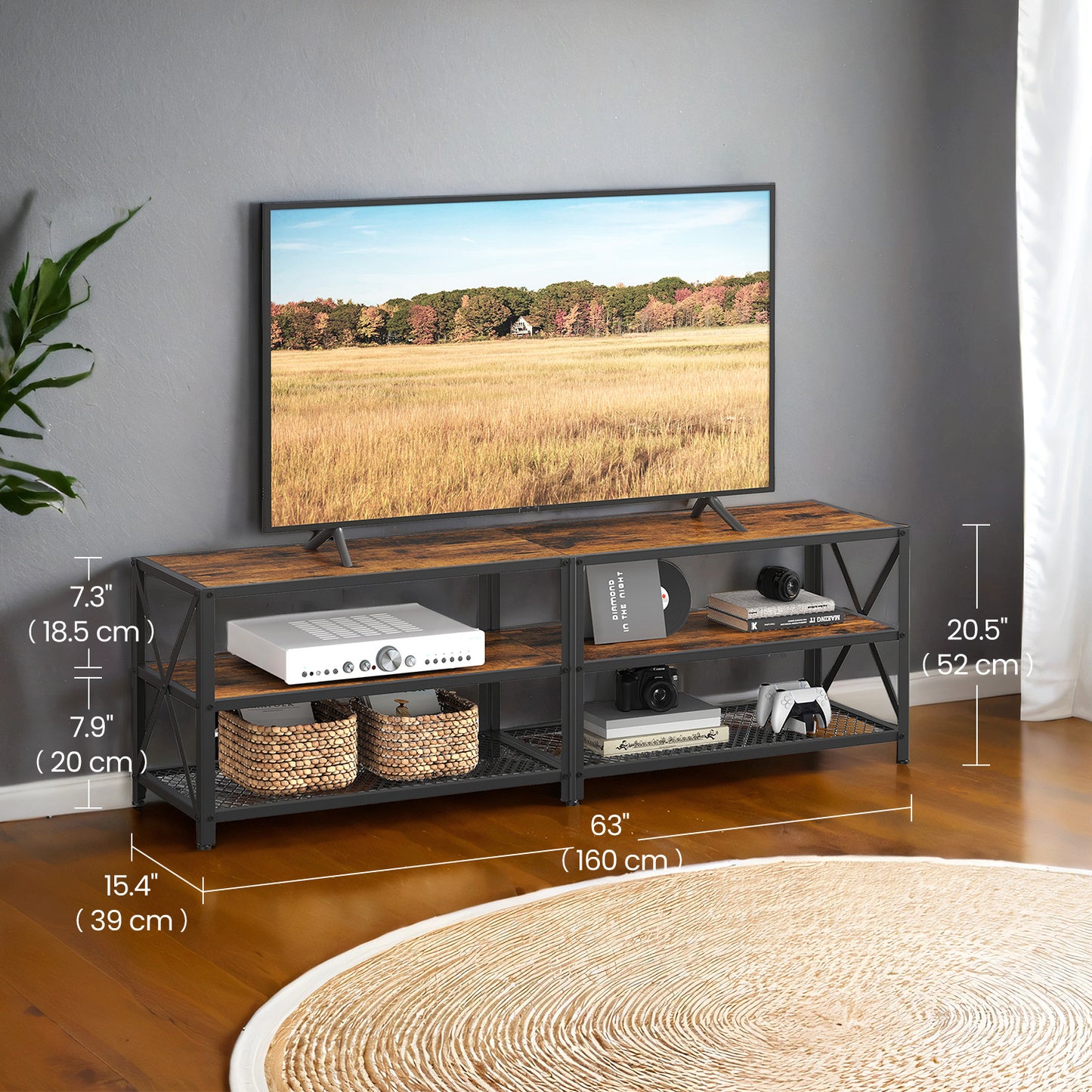 70" TV Stand - Industrial Style Media Console with 3 Shelves, Steel Frame, Easy Assembly, Rustic Brown and Black