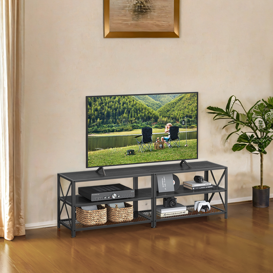 63" TV Stand for 70" TVs - Entertainment Center with 3 Storage Shelves, Steel Frame & Wood Grain Finish, Black