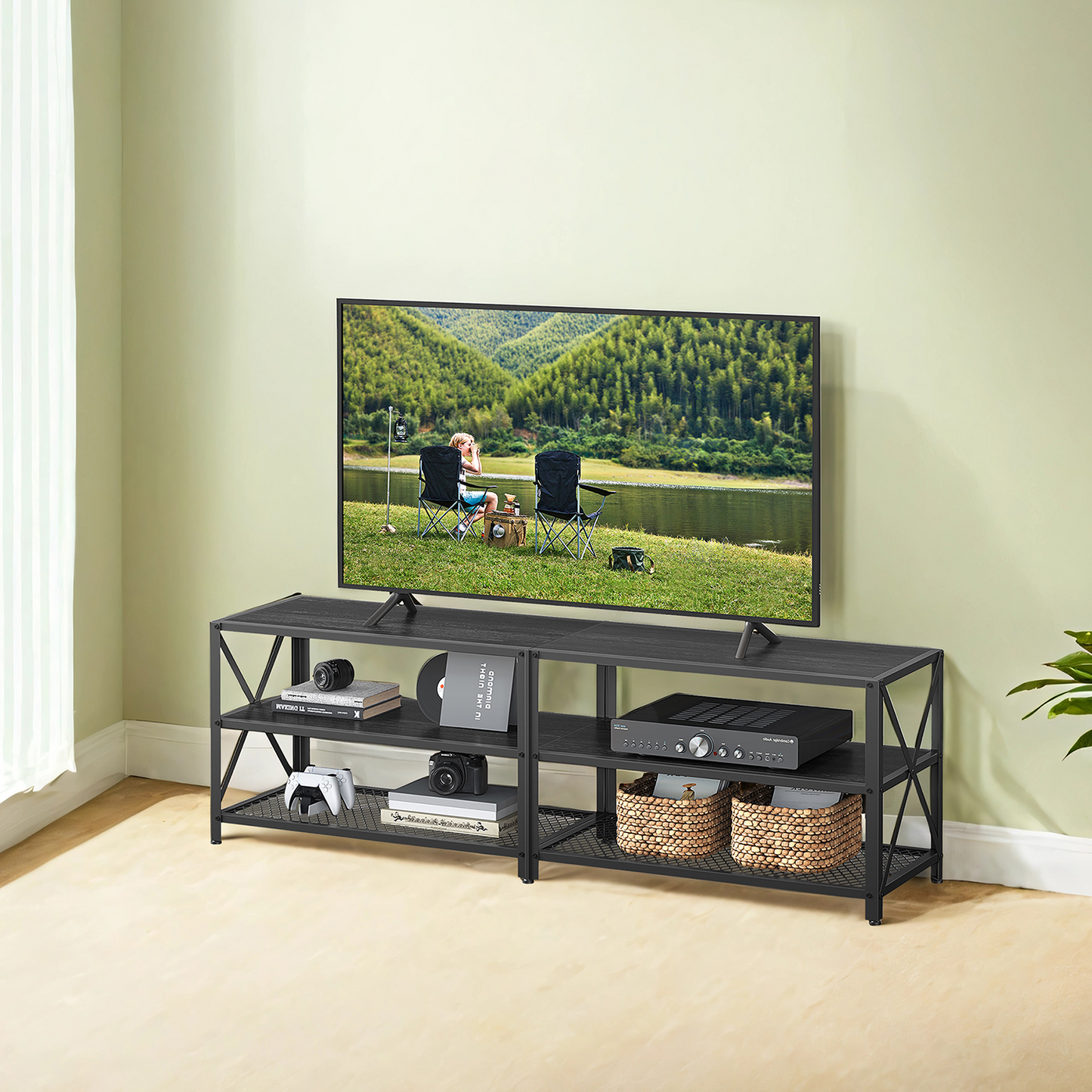 63" TV Stand for 70" TVs - Entertainment Center with 3 Storage Shelves, Steel Frame & Wood Grain Finish, Black