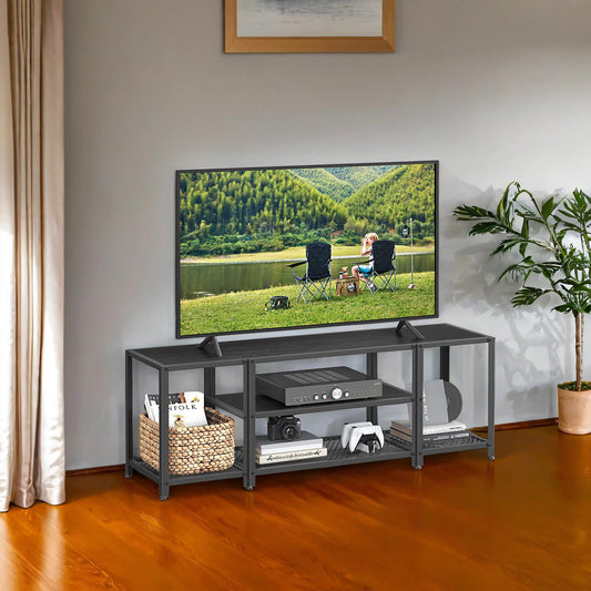 Industrial TV Stand for 65" TVs - 3-Tier Open Shelf Design, Steel Frame & Particleboard, 132lb Capacity, Charcoal Grey and Ink Black