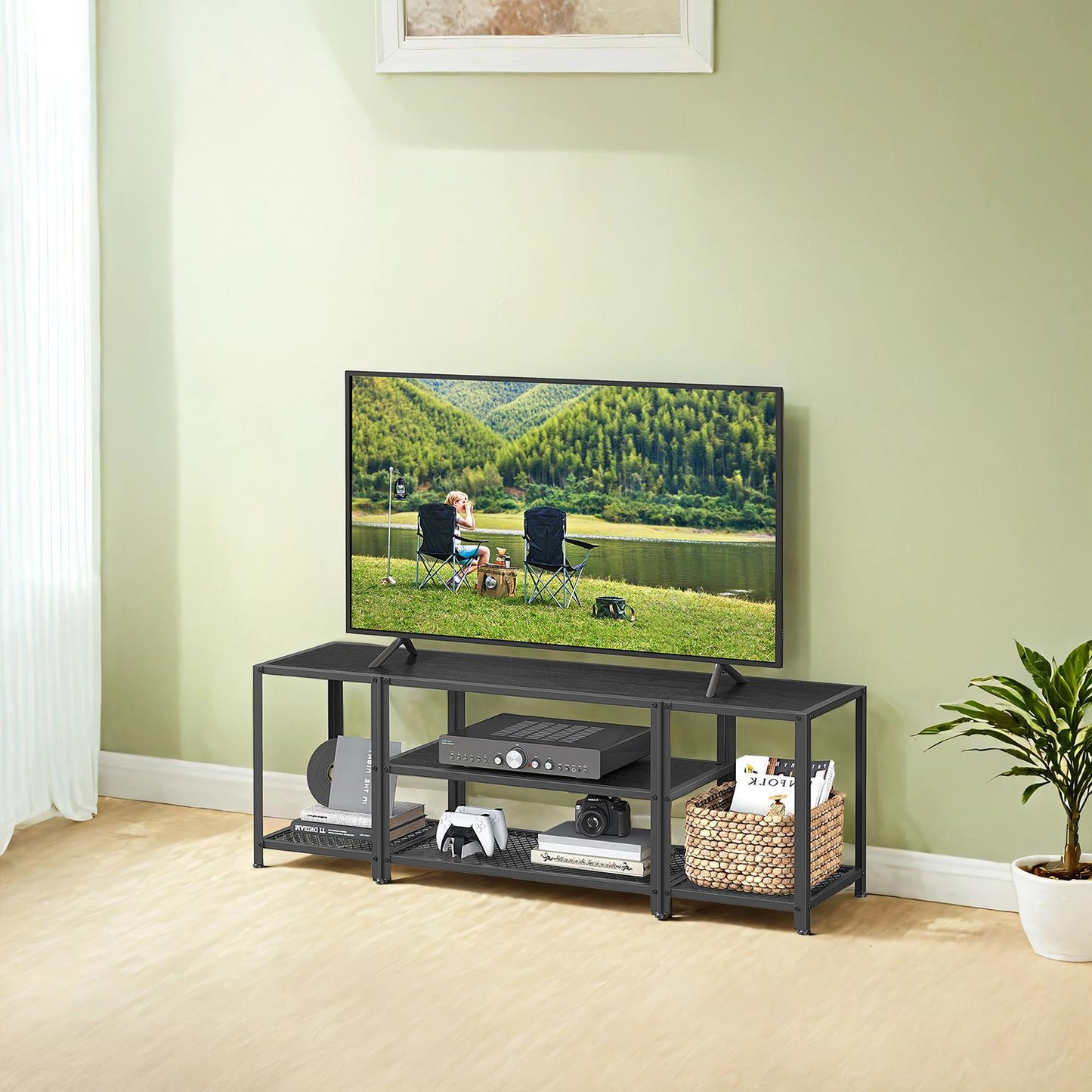 Industrial TV Stand for 65" TVs - 3-Tier Open Shelf Design, Steel Frame & Particleboard, 132lb Capacity, Charcoal Grey and Ink Black