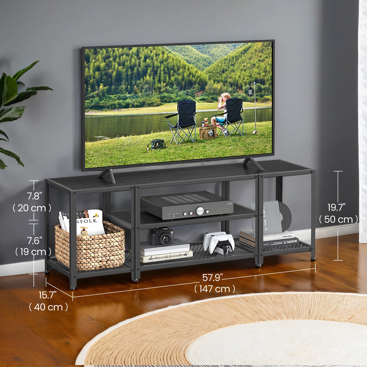 Industrial TV Stand for 65" TVs - 3-Tier Open Shelf Design, Steel Frame & Particleboard, 132lb Capacity, Charcoal Grey and Ink Black