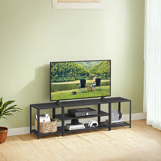75" TV Stand - Industrial Entertainment Center with 3 Open Shelves, Media Console, Wood Grain and Black