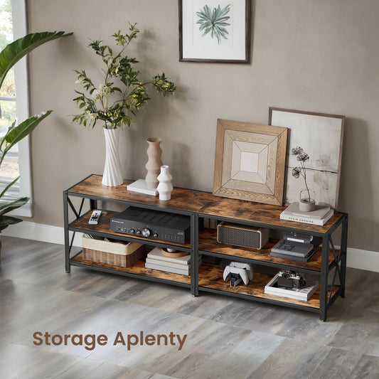 65" TV Stand with Power Outlets & LED Lights - Entertainment Center with 3 Open Shelves, Charging Station, Rustic Brown and Black