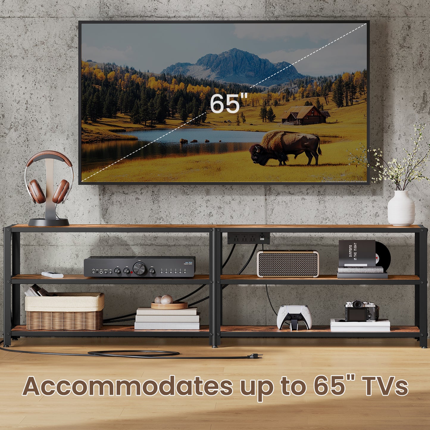 65" TV Stand with Power Outlets & LED Lights - Entertainment Center with 3 Open Shelves, Charging Station, Rustic Brown and Black