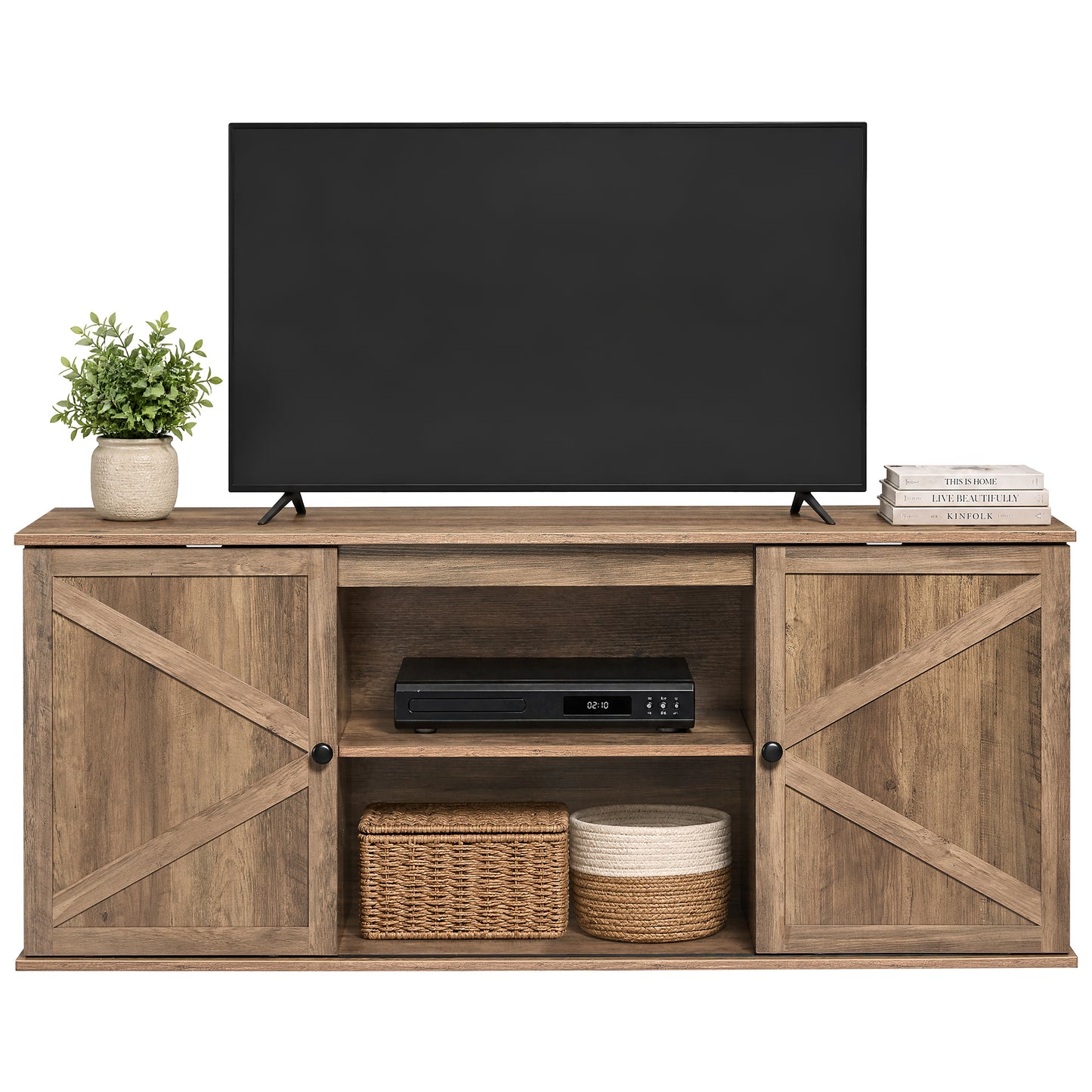 Farmhouse TV Stand with Sliding Barn Doors, Media Console Cabinet, 57.9 x 15.7 x 23.8 Inches, Warm Brown