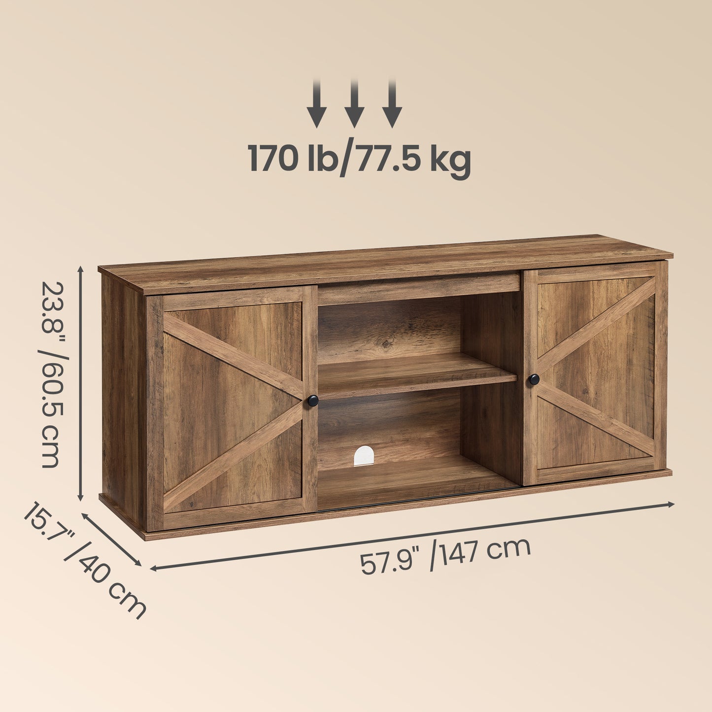 Farmhouse TV Stand with Sliding Barn Doors, Media Console Cabinet, 57.9 x 15.7 x 23.8 Inches, Warm Brown