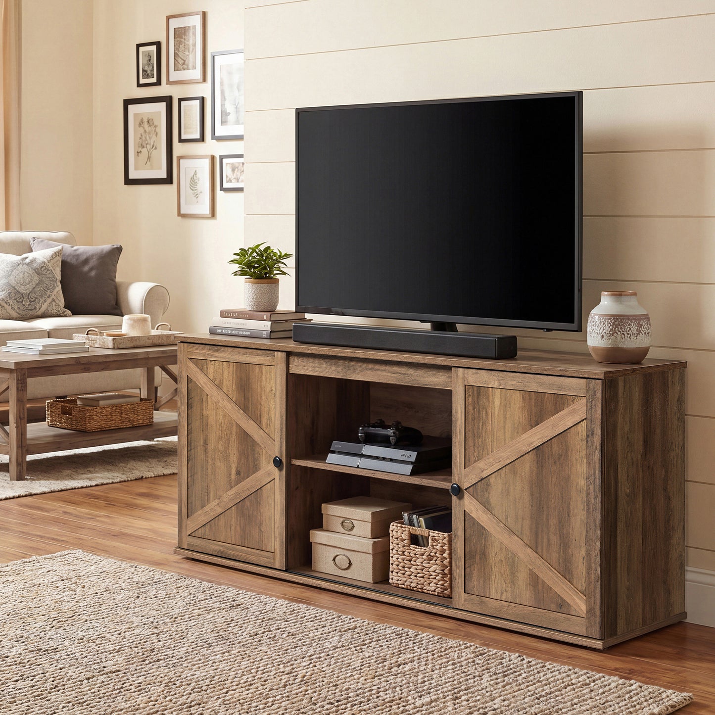 Farmhouse TV Stand with Sliding Barn Doors, Media Console Cabinet, 57.9 x 15.7 x 23.8 Inches, Warm Brown