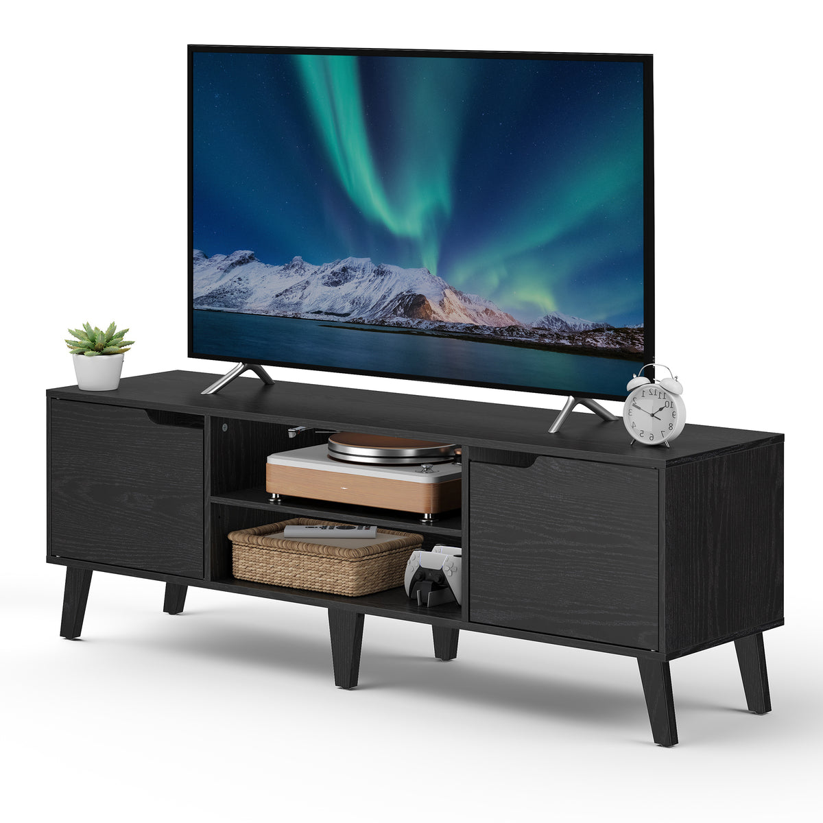 LEDREM TV Stand for 65 Inch TVs, Media Console with Storage, 57.9 x 15.4 x 19.7 Inches, Black
