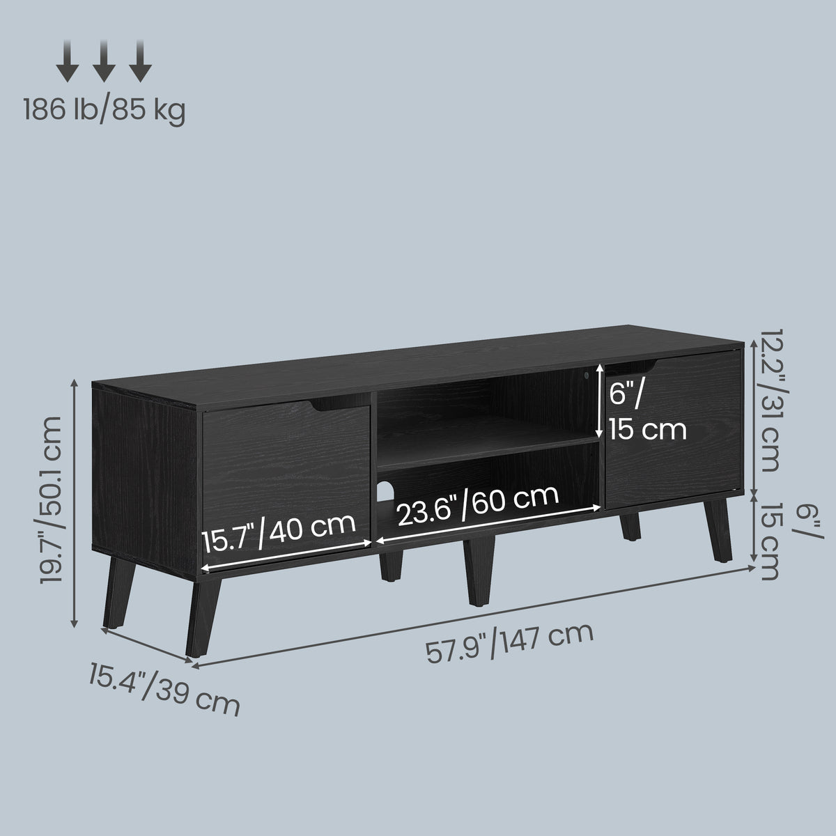 LEDREM TV Stand for 65 Inch TVs, Media Console with Storage, 57.9 x 15.4 x 19.7 Inches, Black