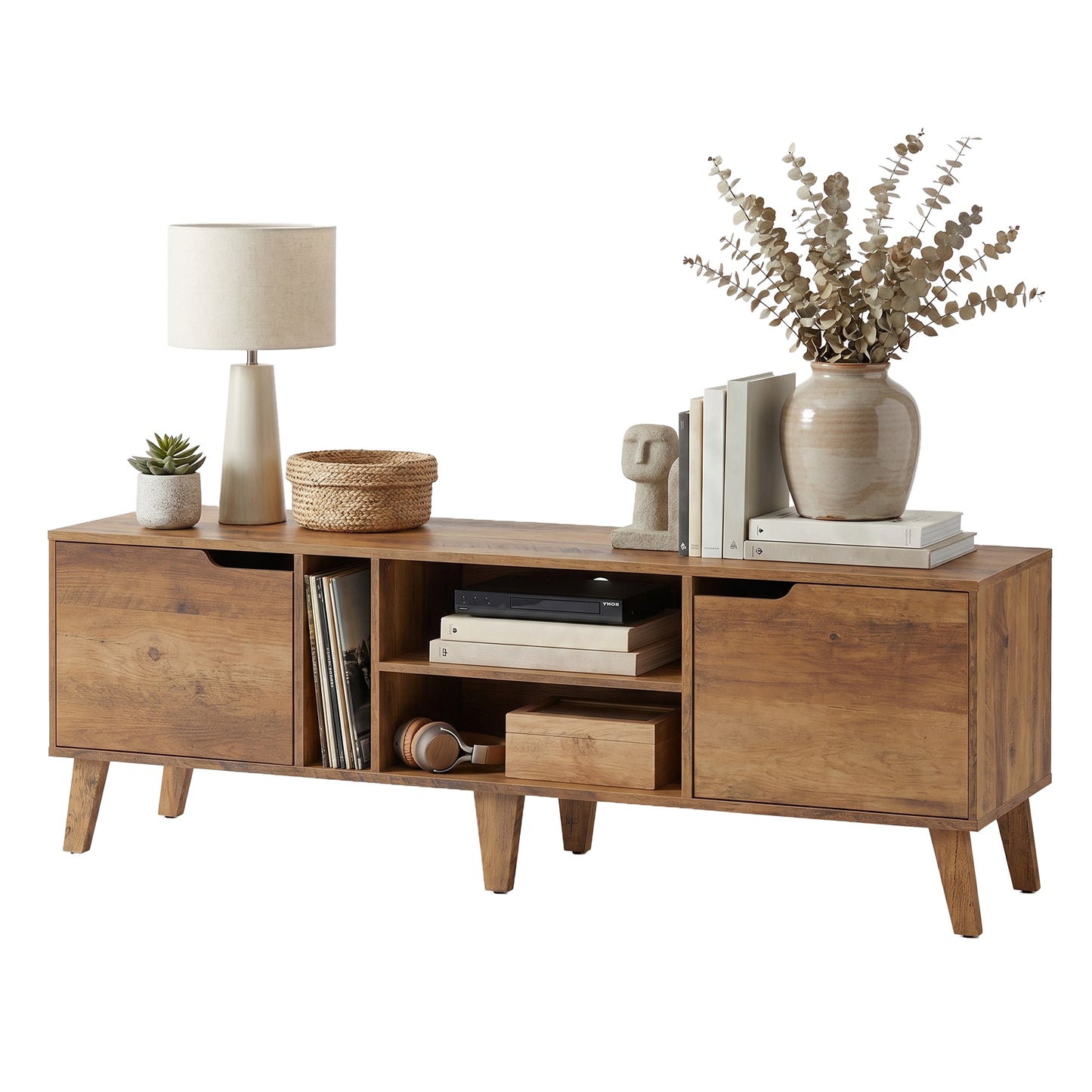 TV Stand for 65-Inch TVs, 58-Inch Entertainment Center with Adjustable Shelf, Transitional Media Console Table for Living Room, Honey Brown