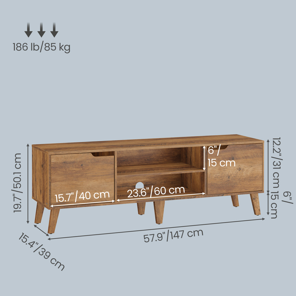 TV Stand for 65-Inch TVs, 58-Inch Entertainment Center with Adjustable Shelf, Transitional Media Console Table for Living Room, Honey Brown