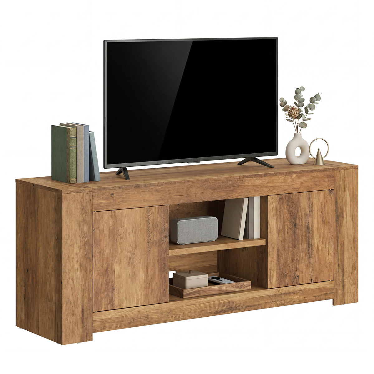 Farmhouse TV Stand for 65 Inch TV, Entertainment Center with Storage Cabinets, Media Console Table for Living Room, Honey Brown