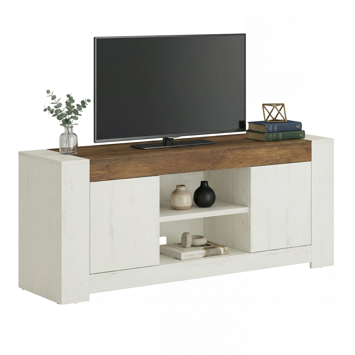 Farmhouse TV Stand for 65 Inch TV, Entertainment Center with Storage Cabinets, Media Console Table for Living Room, Rustic White and Honey Brown