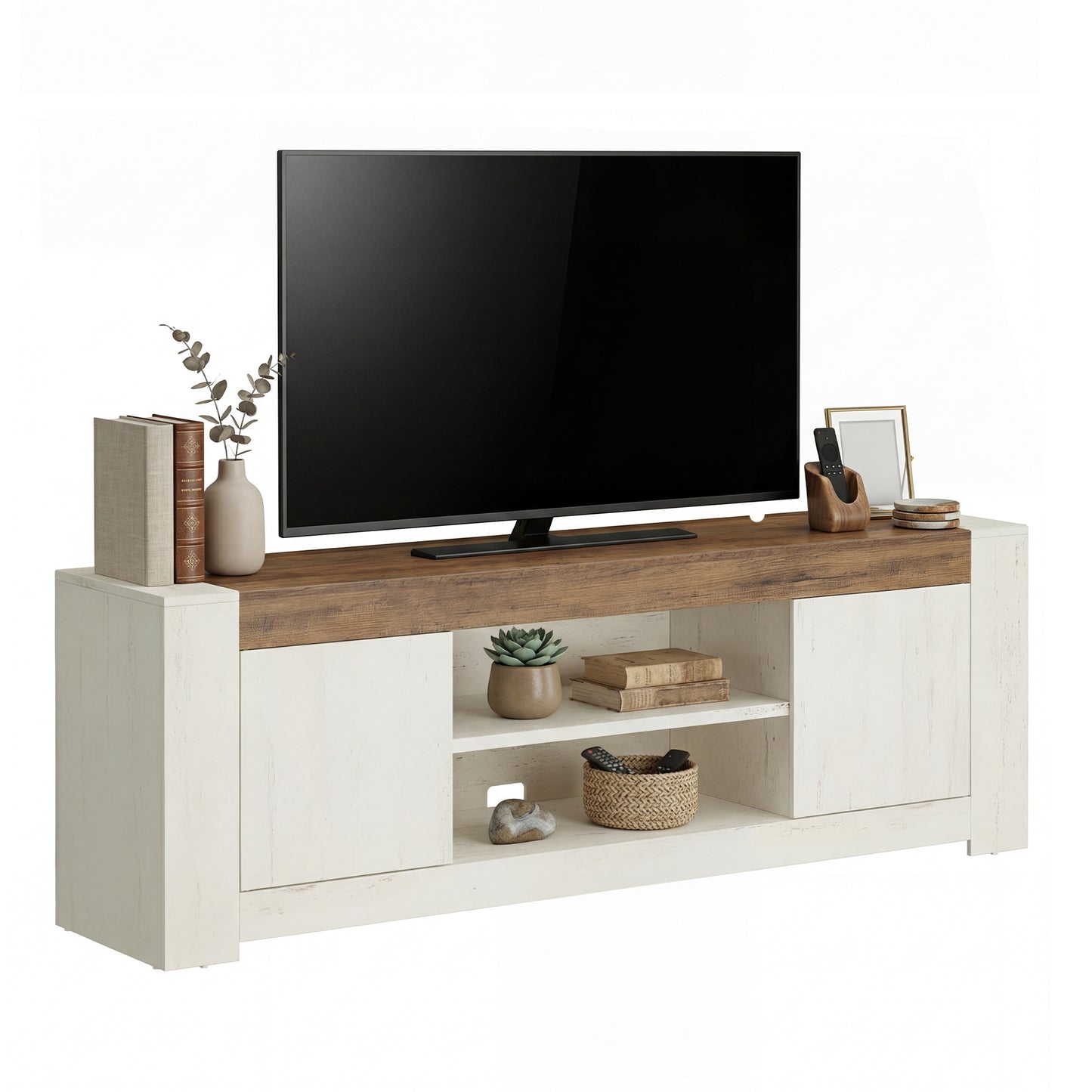 Farmhouse TV Stand for 80 Inch TV, Entertainment Center with Storage Cabinets, Media Console Table for Living Room, Rustic White and Honey Brown