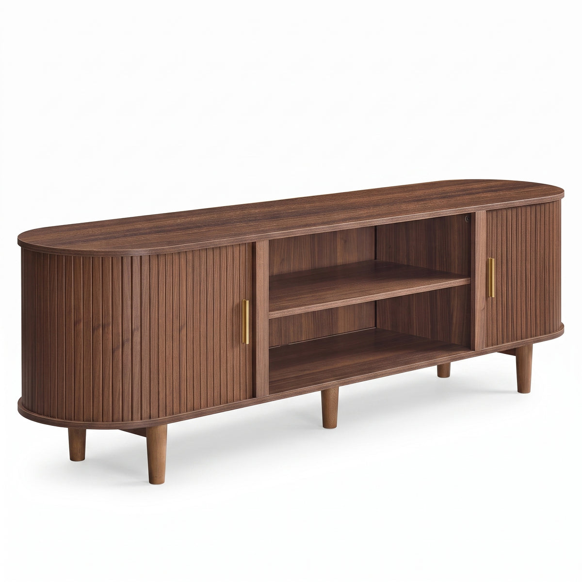 TV Stand, Mid-Century Modern Entertainment Center with Curved Sliding Doors, 70 x 15.7 x 21.7 inches, Walnut Brown