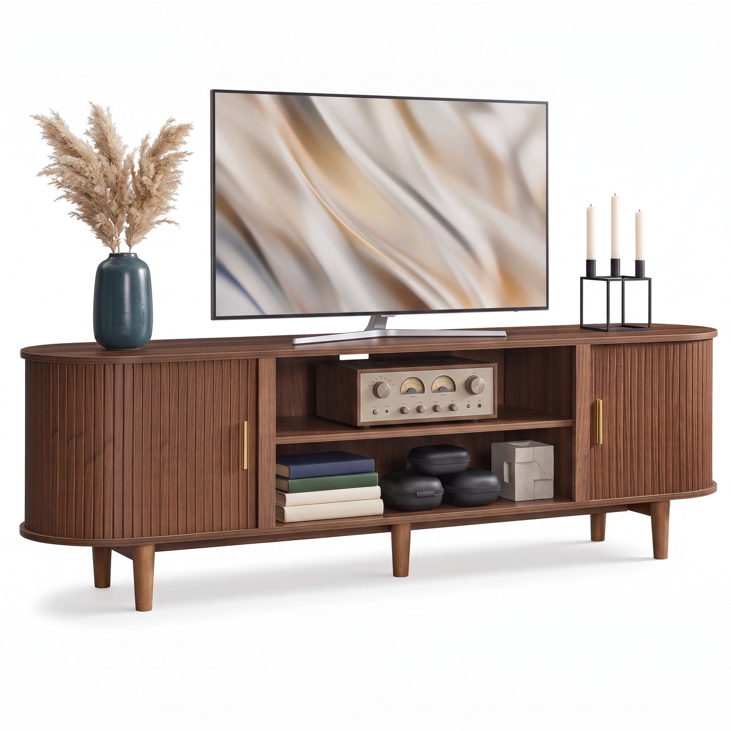 TV Stand, Mid-Century Modern Entertainment Center with Curved Sliding Doors, 70 x 15.7 x 21.7 inches, Walnut Brown