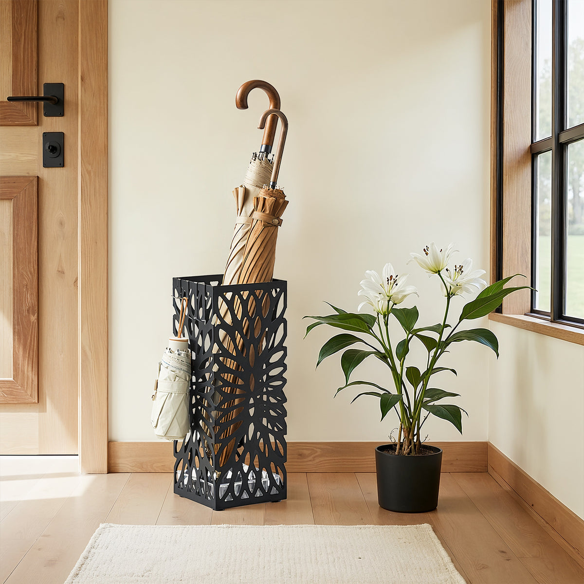 LEDREM Umbrella Stand, Square Steel Holder with Hollow Design, Removable Drip Tray, 15.5 x 15.5 x 41 cm, Black