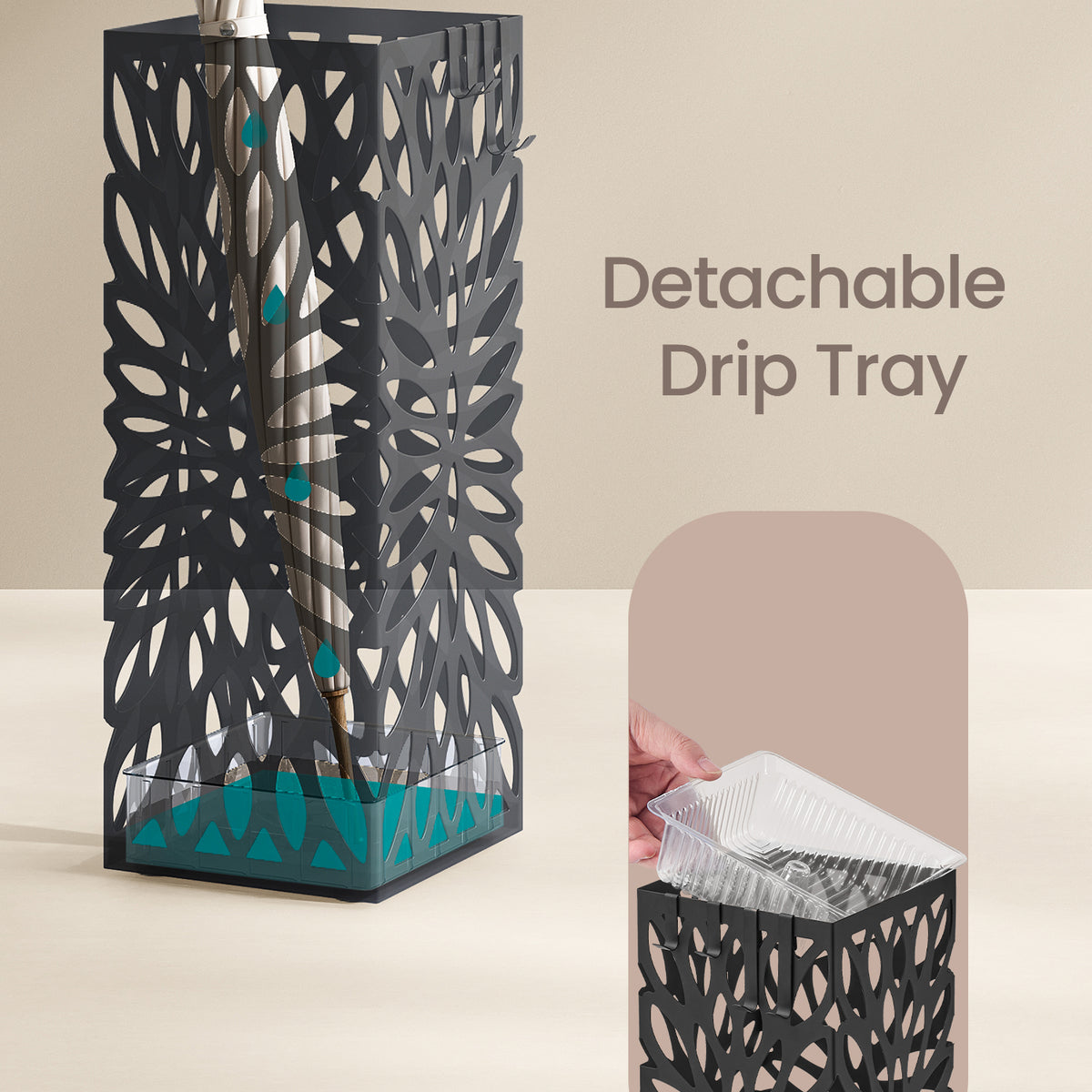 LEDREM Umbrella Stand, Square Steel Holder with Hollow Design, Removable Drip Tray, 15.5 x 15.5 x 41 cm, Black
