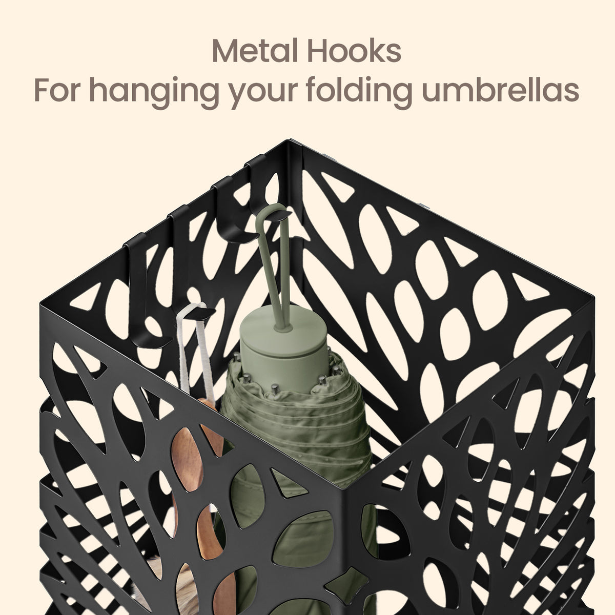 LEDREM Umbrella Stand, Square Steel Holder with Hollow Design, Removable Drip Tray, 15.5 x 15.5 x 41 cm, Black
