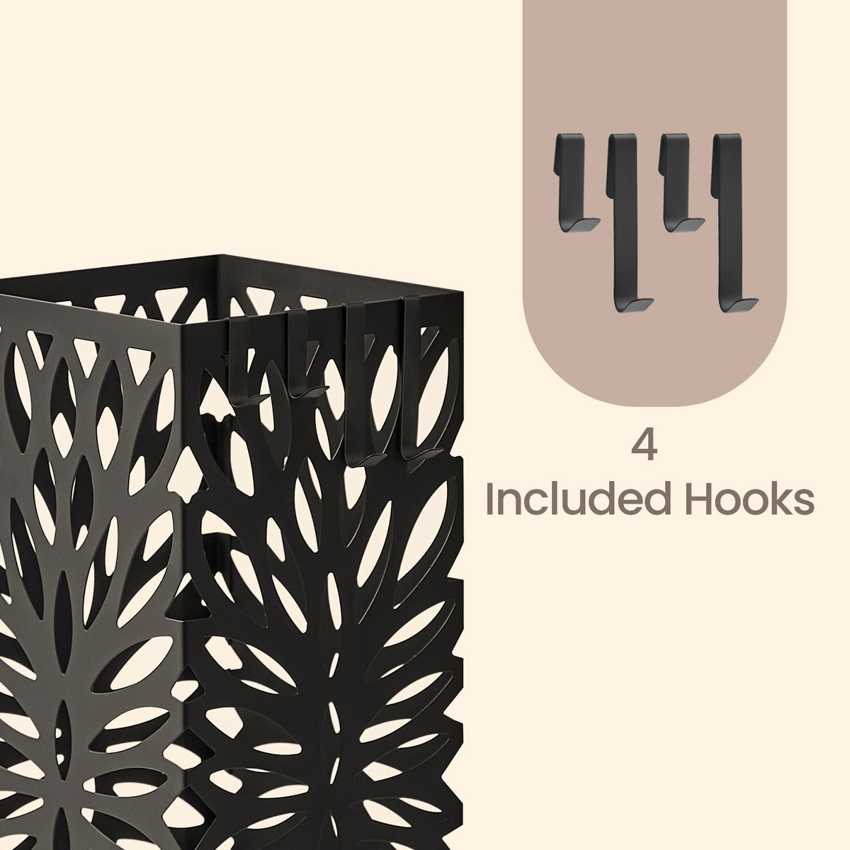 LEDREM Umbrella Stand, Square Steel Holder with Hollow Design, Removable Drip Tray, 15.5 x 15.5 x 41 cm, Black
