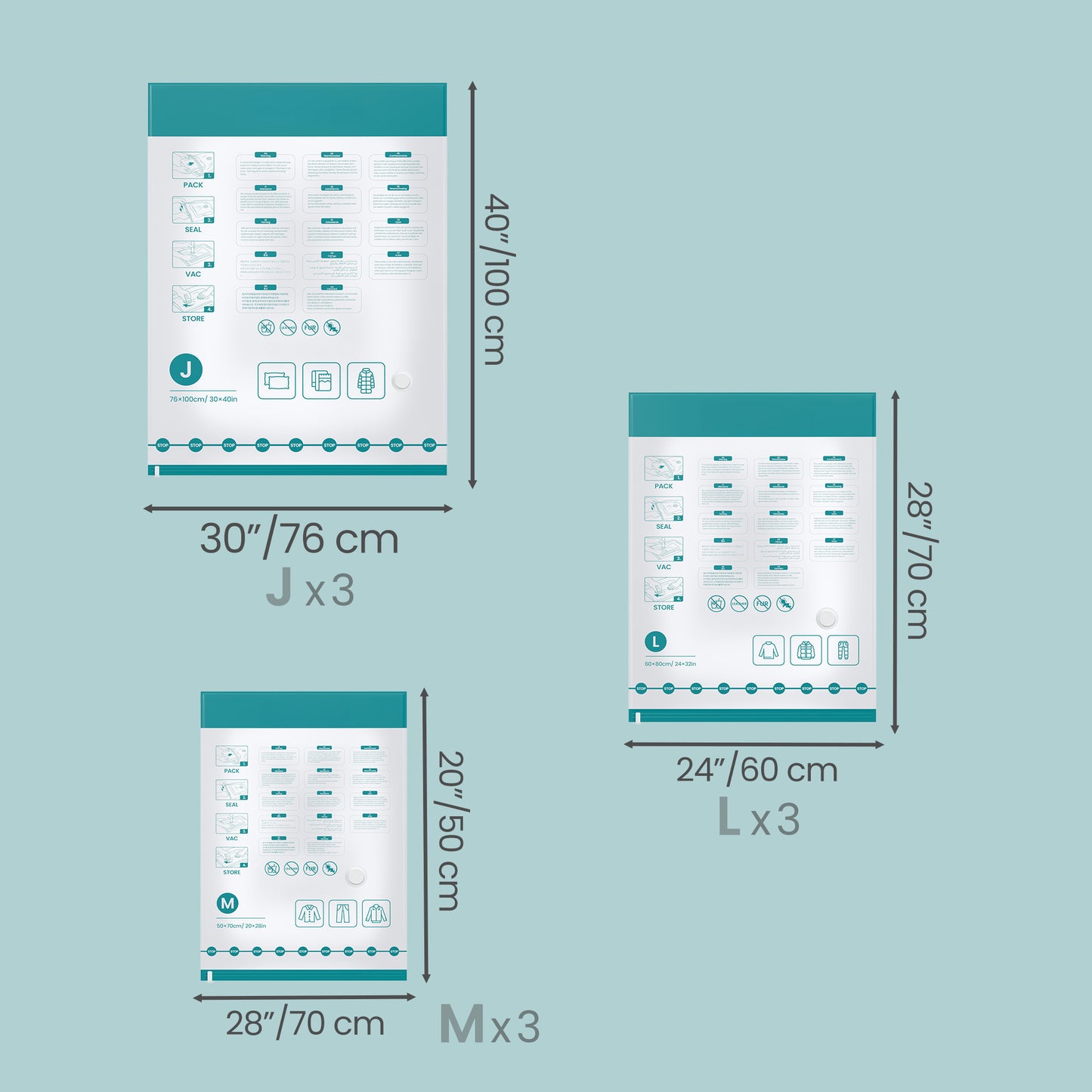 Vacuum Storage Bags 9 Pack with Electric Pump, Space Saver, 20 x 28/24 x 32/30 x 40 Inches, White