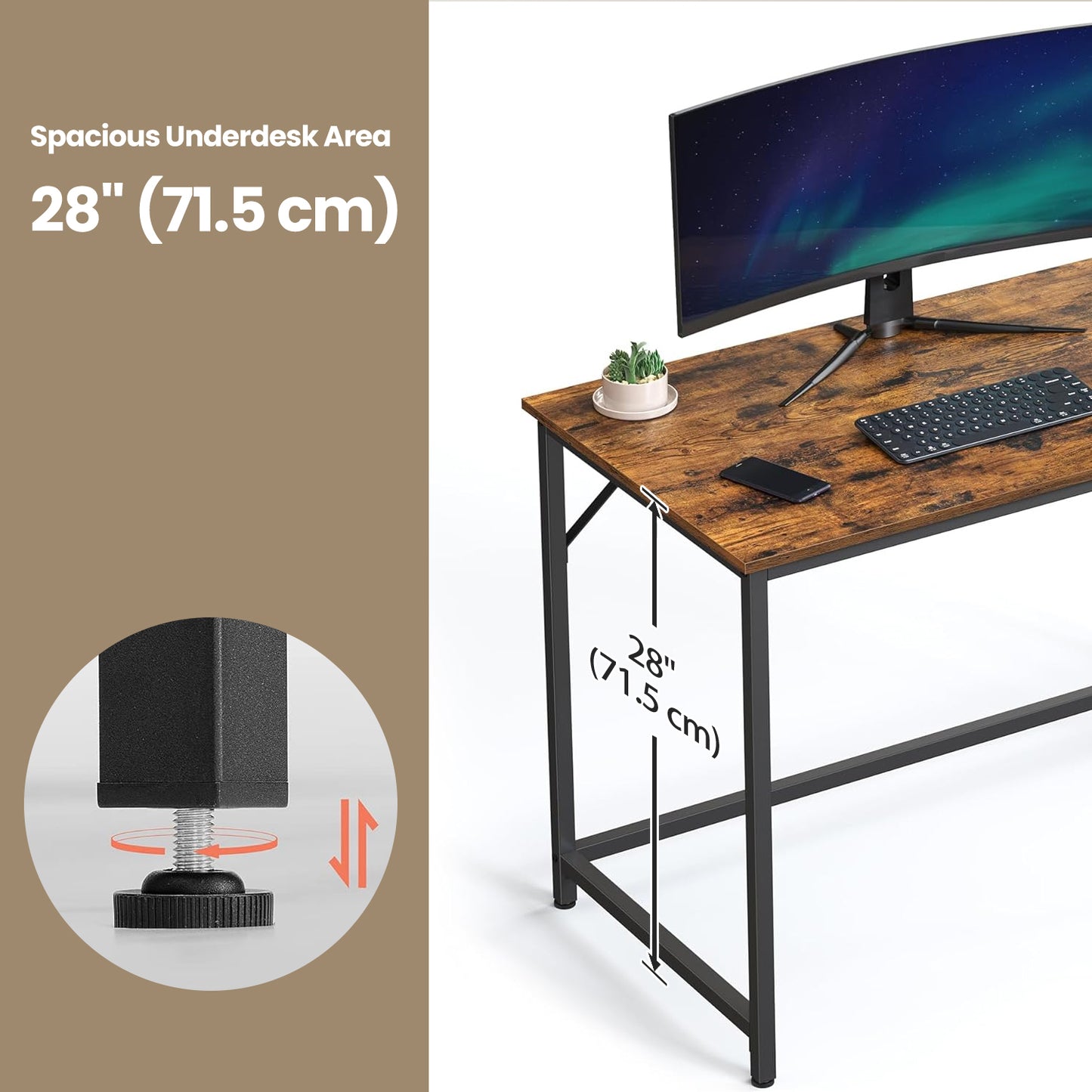 Industrial Gaming Desk - 47.2" Compact Computer Desk with Metal Frame, 110lb Capacity, Adjustable Feet, Rustic Brown and Black