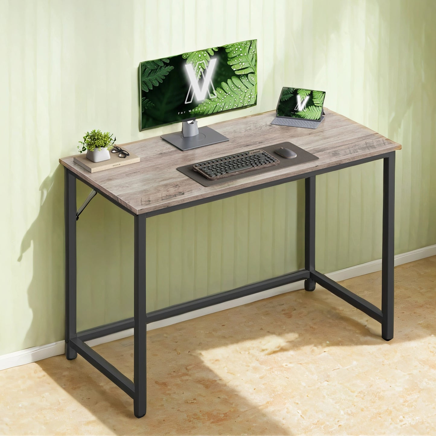 Gaming Computer Desk, 39.4" Small Space Desk with Metal Frame, Industrial Style Home Office Desk, 110 lb Capacity, Greige and Black