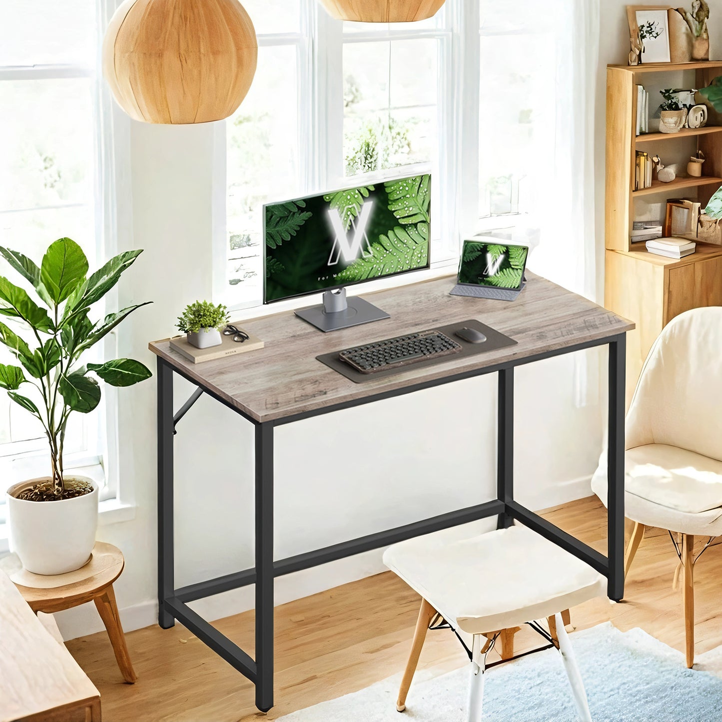 Gaming Computer Desk, 39.4" Small Space Desk with Metal Frame, Industrial Style Home Office Desk, 110 lb Capacity, Greige and Black